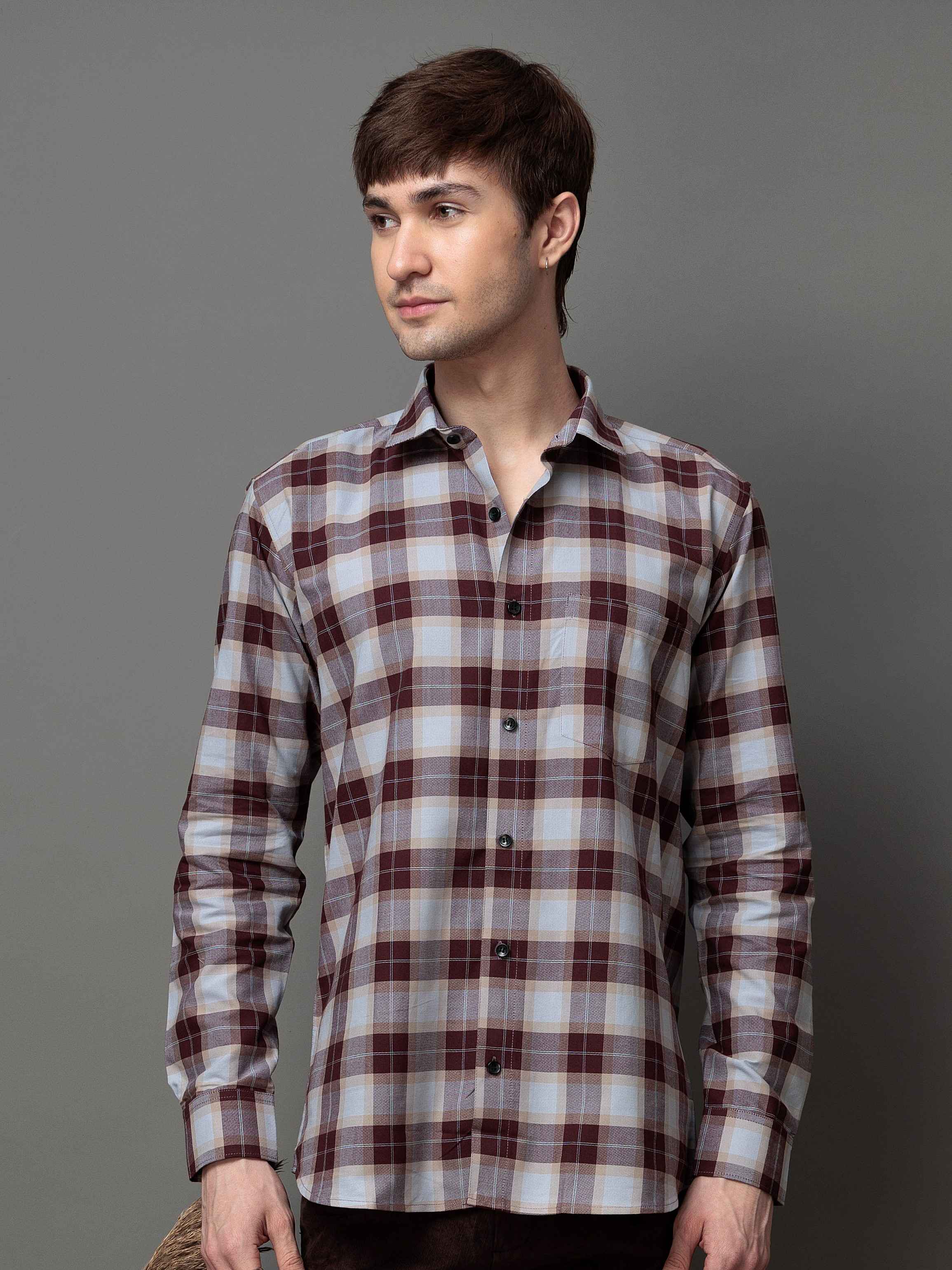SQUARE WINE CHECKED COTTON CASUAL SHIRT FOR MEN'S