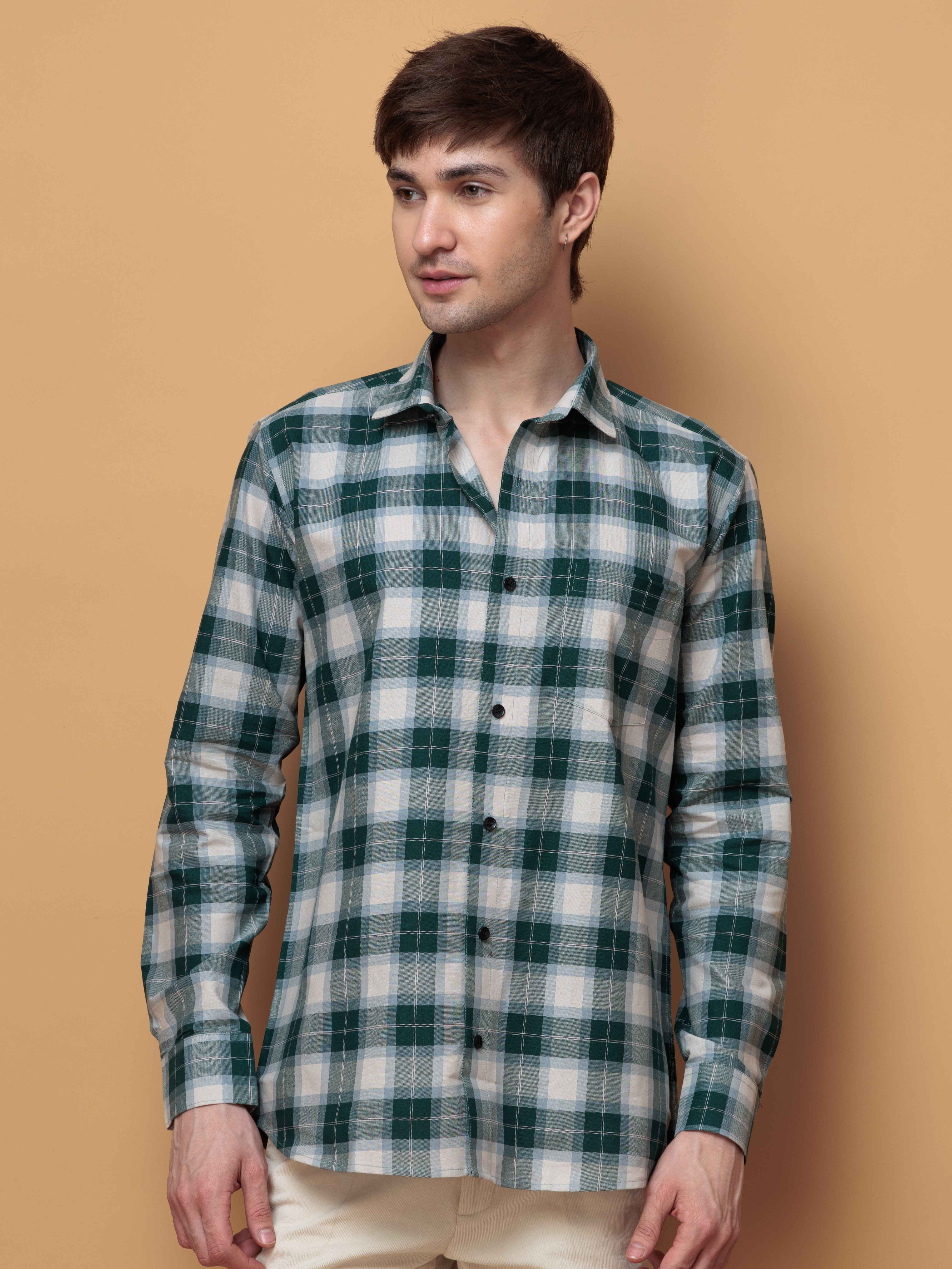 SQUARE GREEN CHECKED COTTON CASUAL SHIRT FOR MEN'S