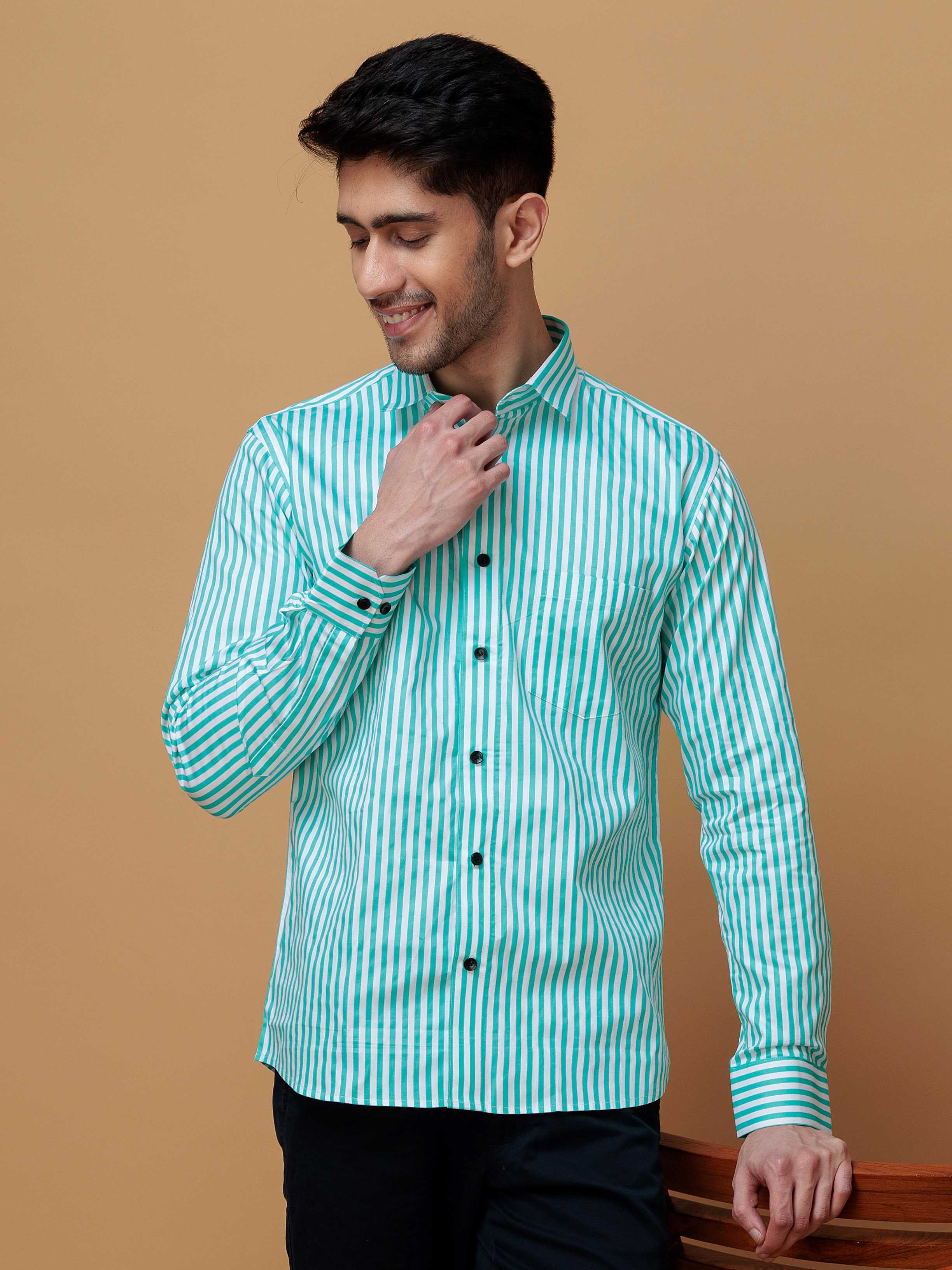 GREEN STRIPED COTTON REGULAR FIT MEN'S CASUAL SHIRT FOR MEN'S