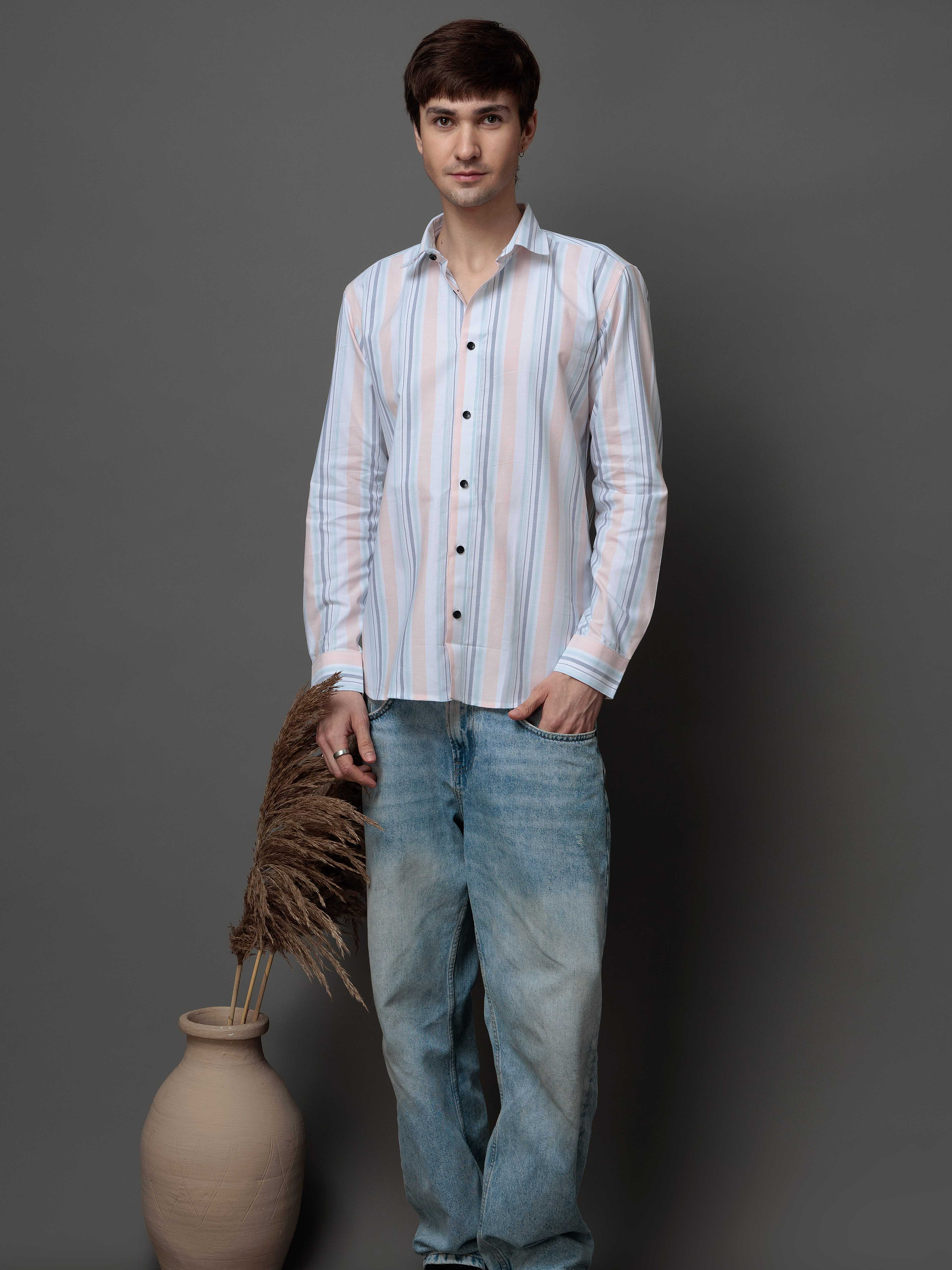 PEACH MULTI STRIPES COTTON REGULAR FIT MEN'S CASUAL SHIRT FOR MEN'S