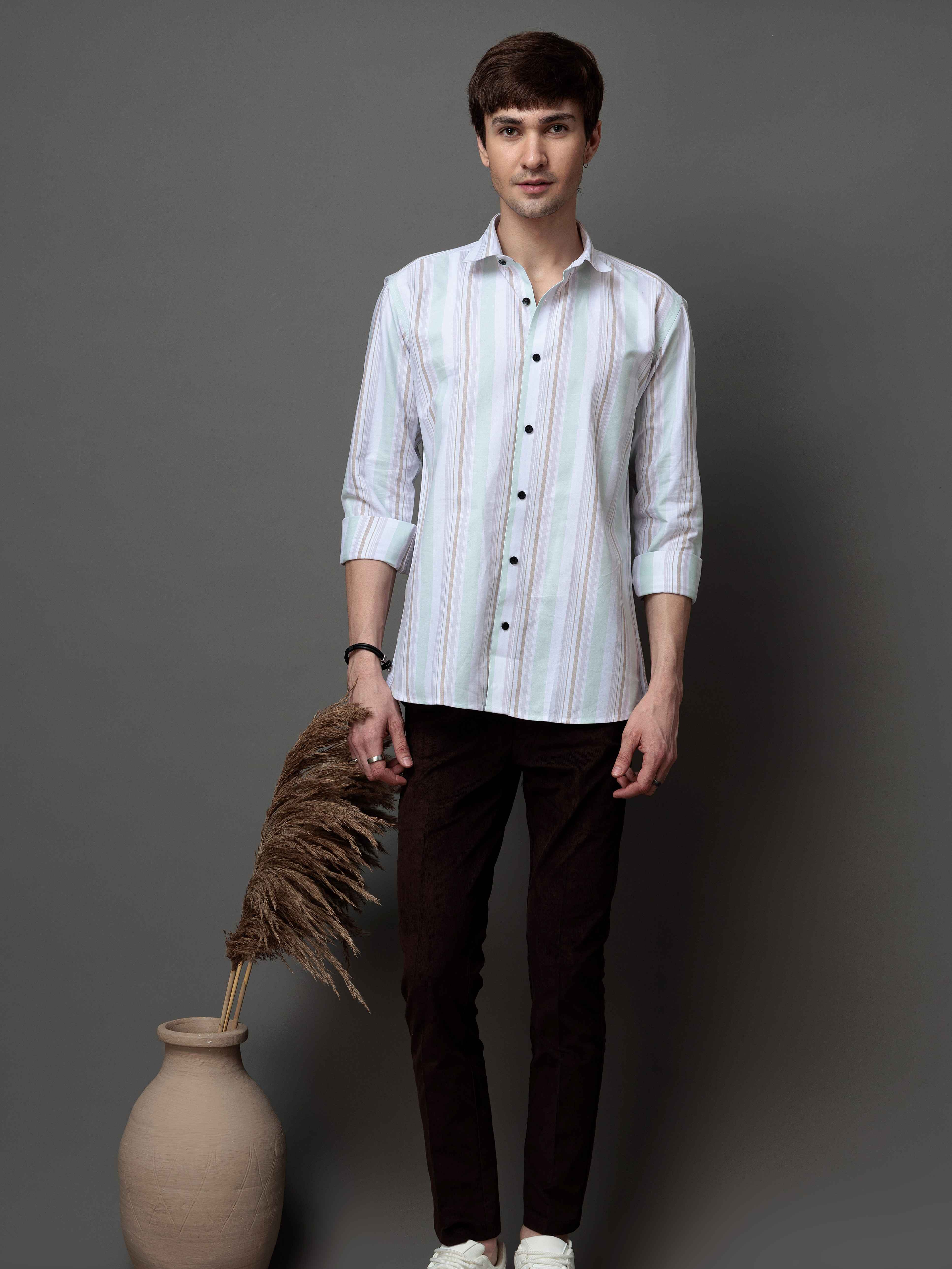 GREEN MULTI STRIPES COTTON REGULAR FIT MEN'S CASUAL SHIRT FOR MEN'S