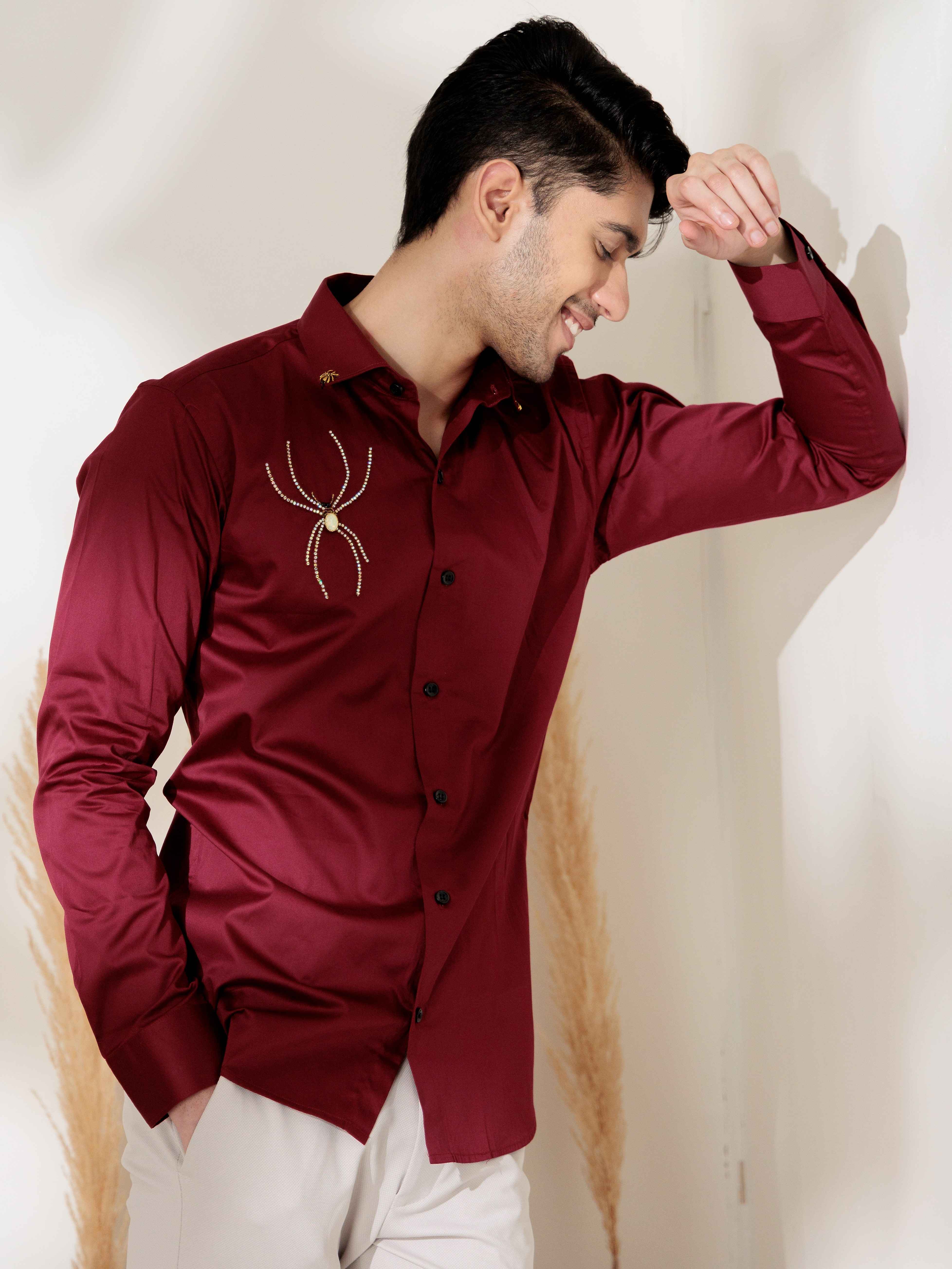 FOOMER MAROON RHINESTONE HAND WORK SATIN COTTON PREMIUM SHIRT FOR MEN
