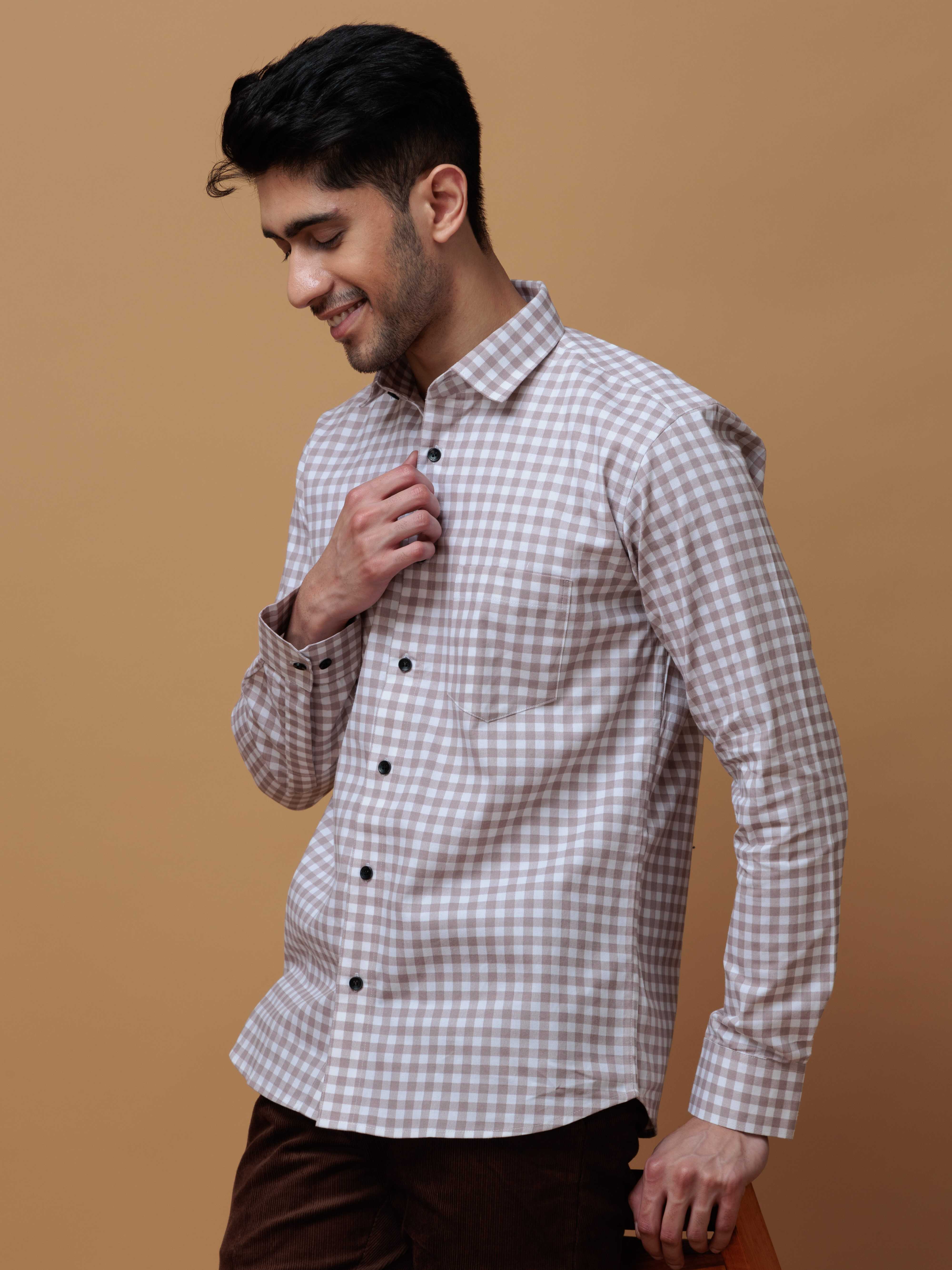 BROWN CHECKERD PRINTED COTTON CASUAL SHIRT FOR MEN'S