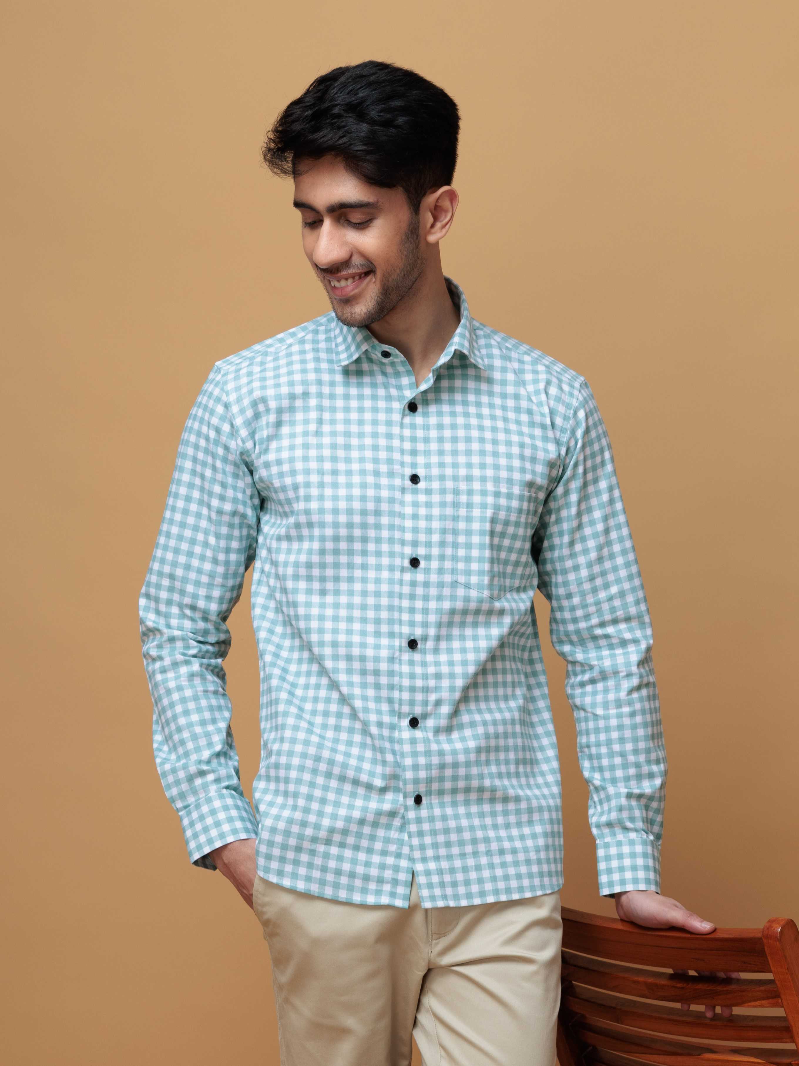 CYAN CHECKS PRINTED COTTON CASUAL SHIRT FOR MEN'S