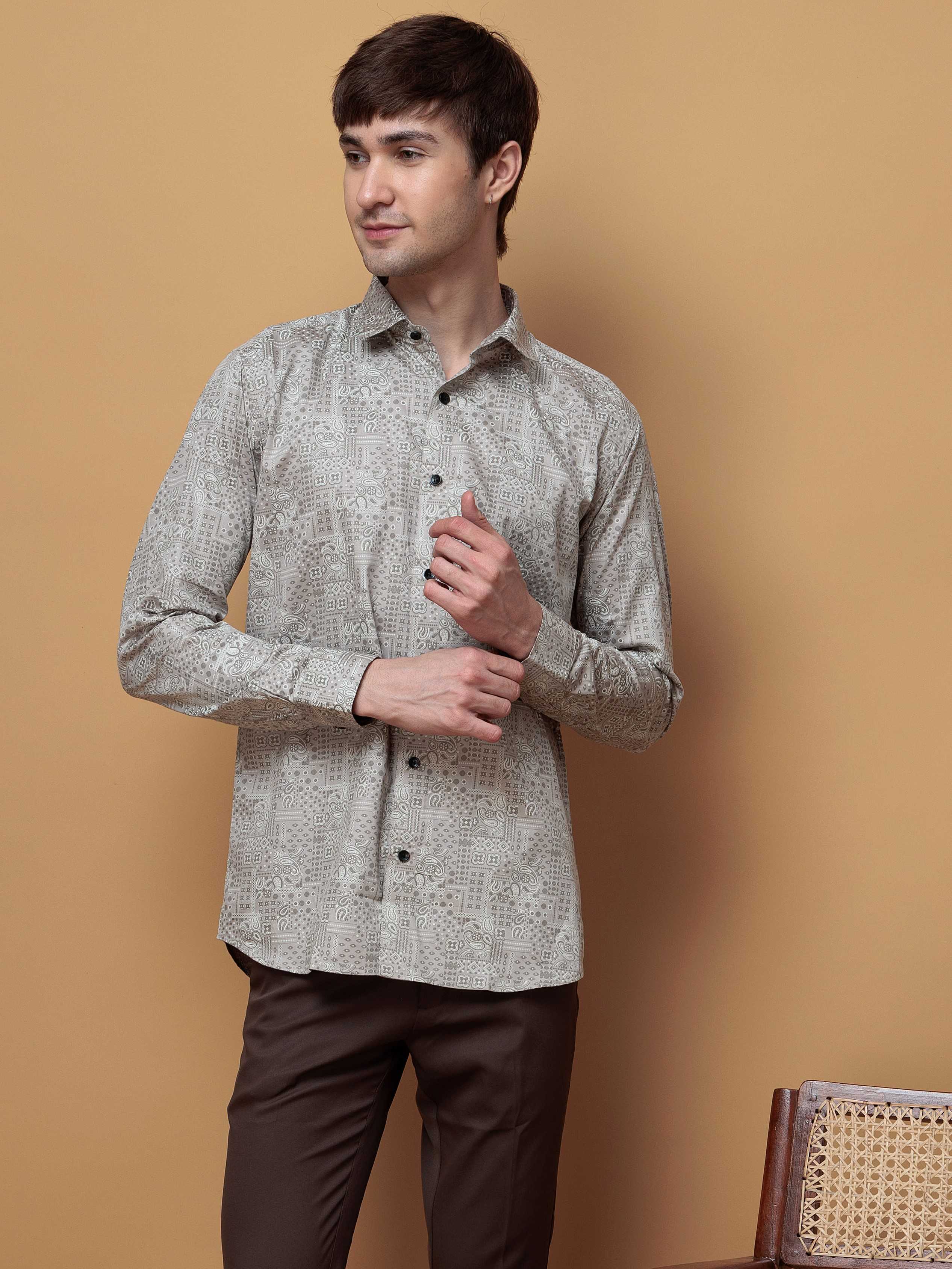 GREY SATIN PREMIUM PRINTED CASUAL SHIRT FOR MEN'S