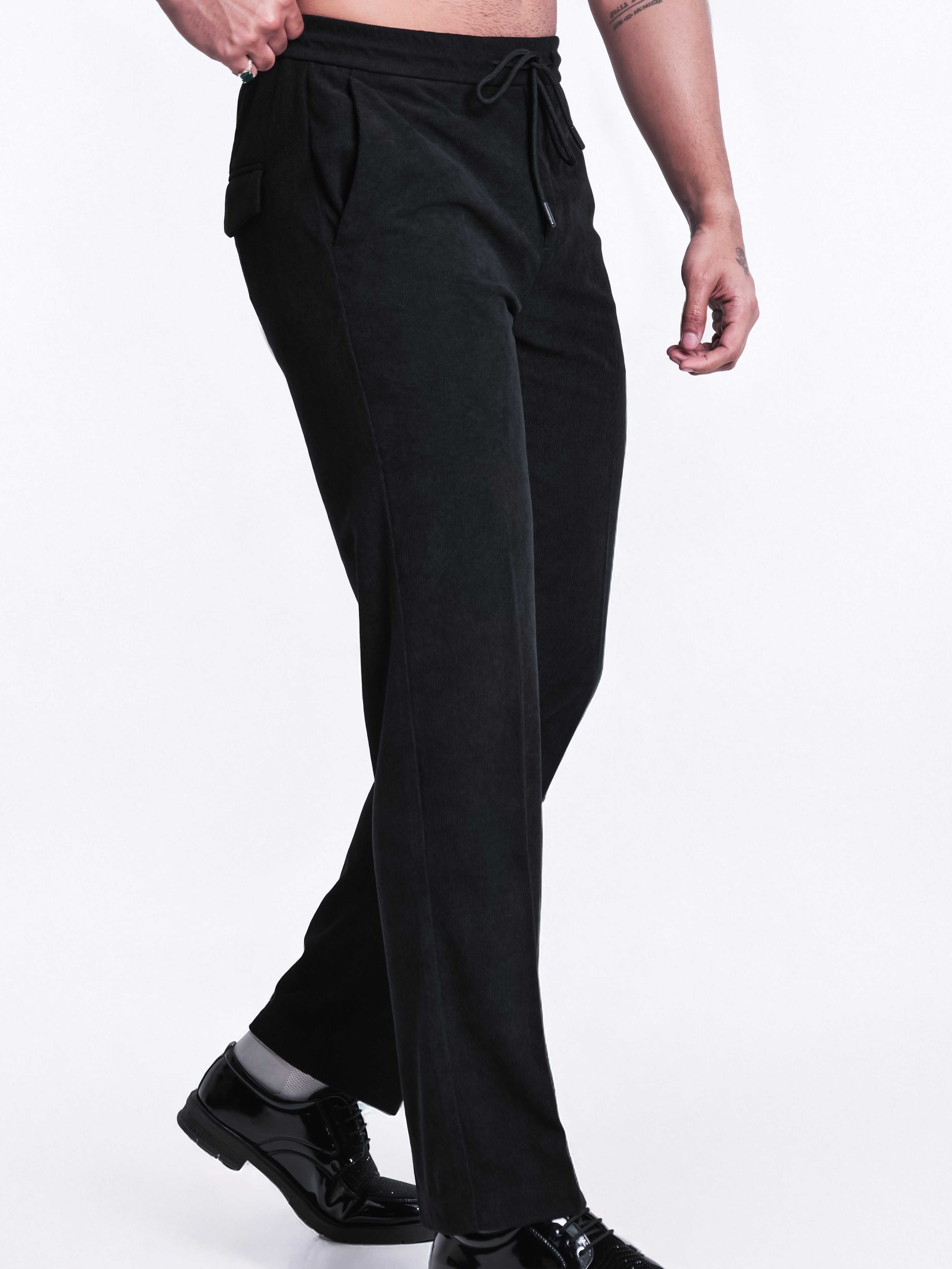 Foomer Black Corduroy Relaxed Fit Trousers For Men's