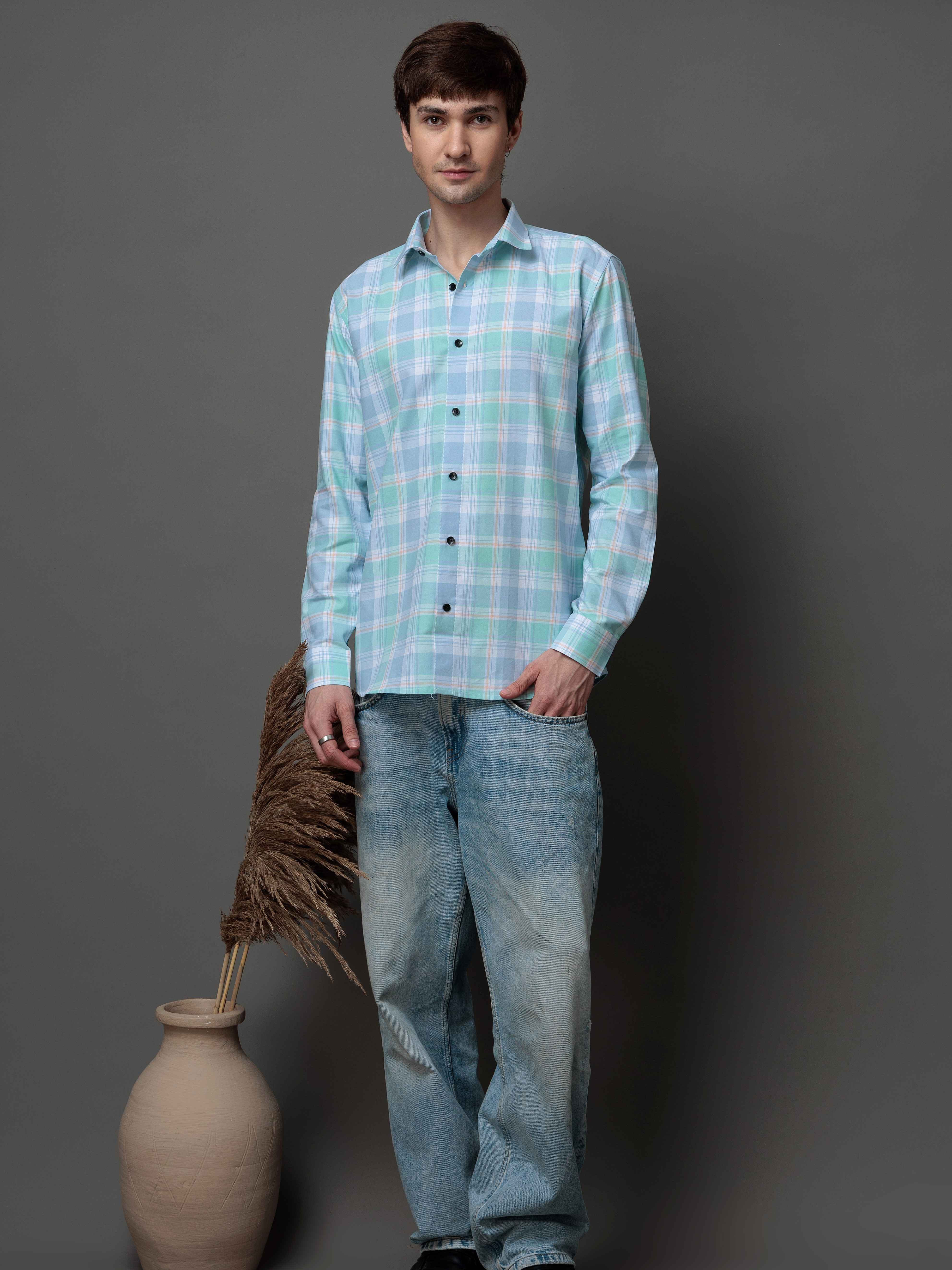 BOX CYAN CHECKED COTTON CASUAL SHIRT FOR MEN'S