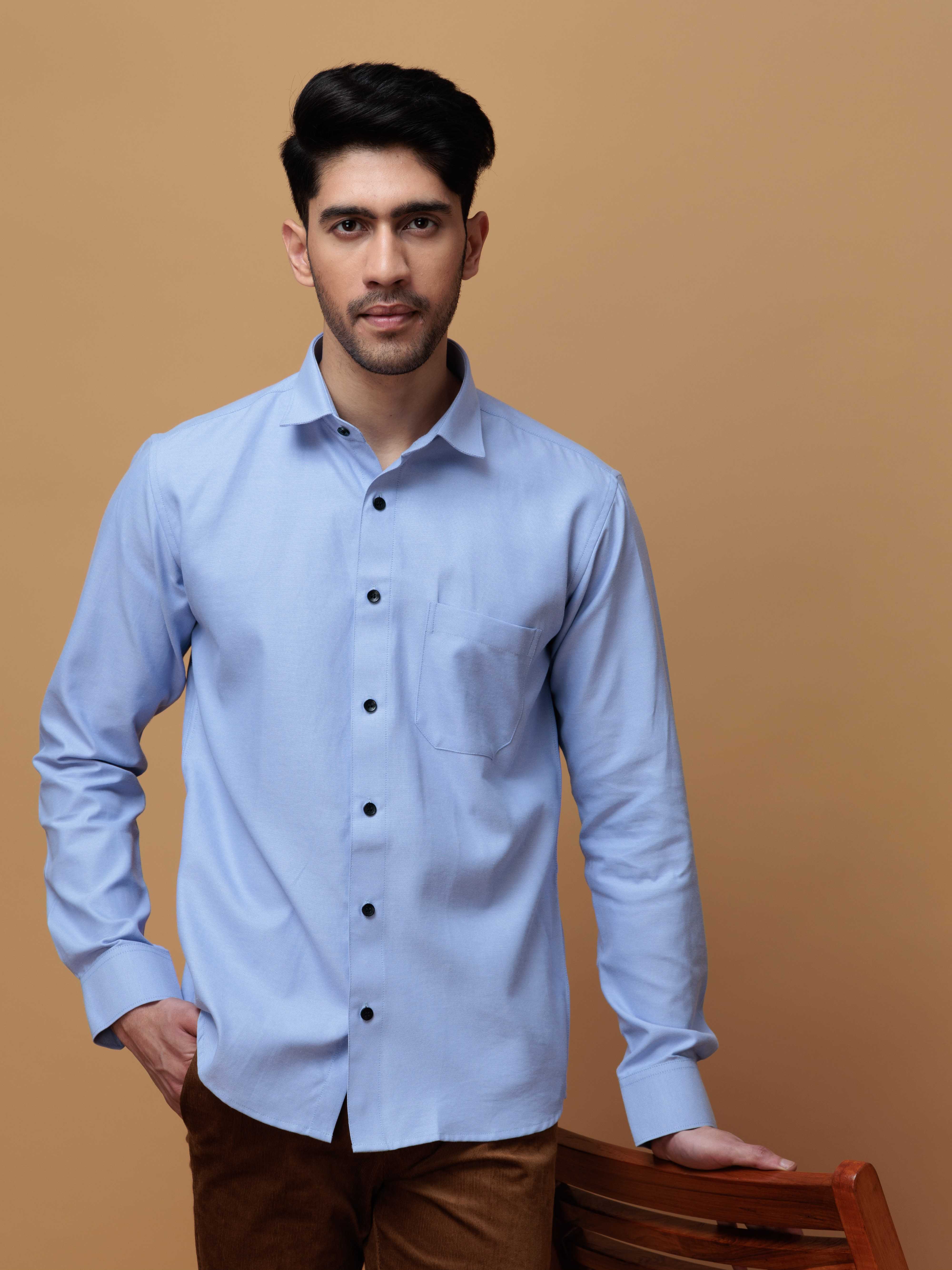 FORMAL SKY BLUE PLAIN OXFORD COTTON CASUAL SHIRT FOR MEN'S