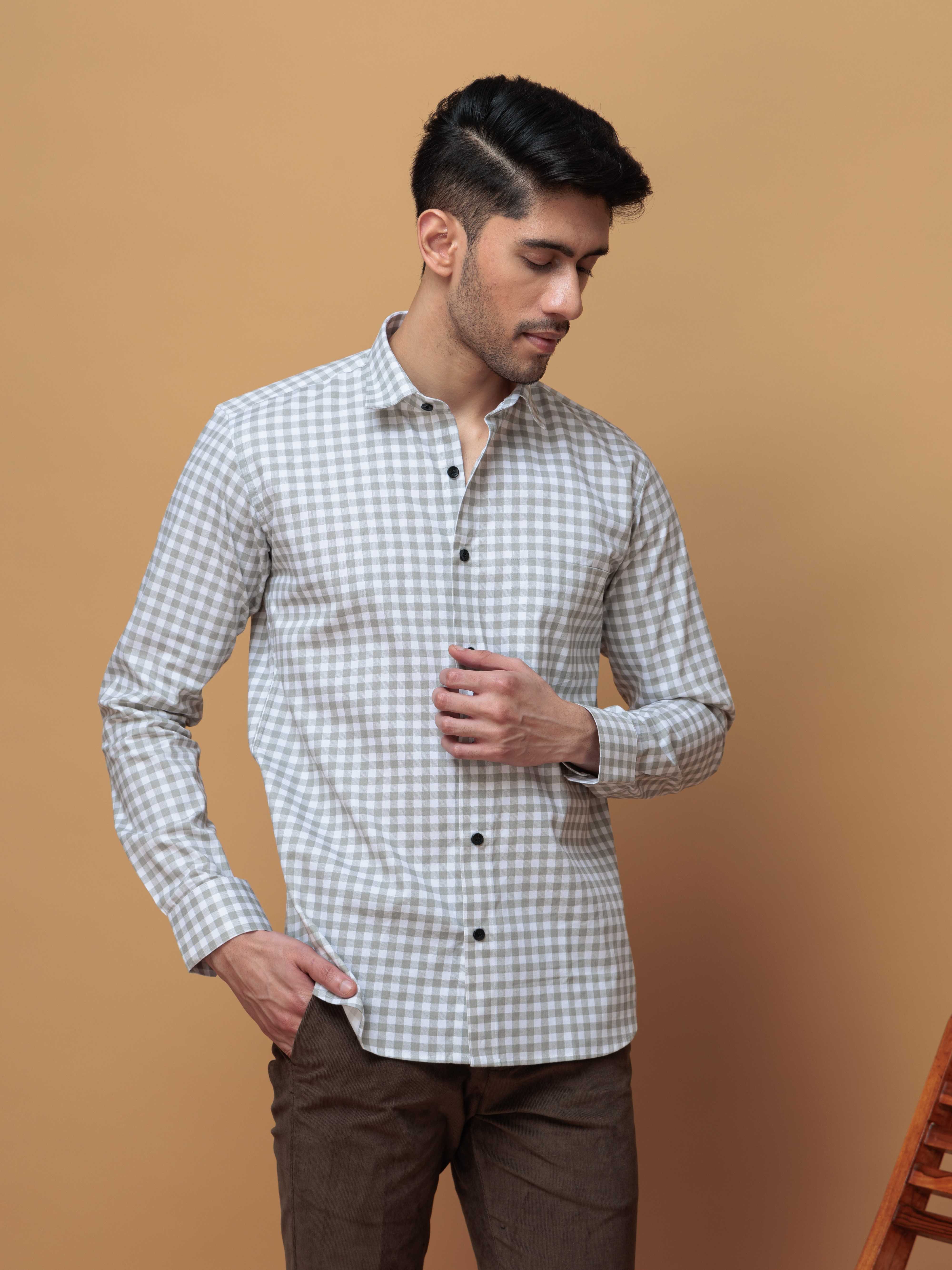 GREEN CHECKERED PRINTED COTTON CASUAL SHIRT FOR MEN'S