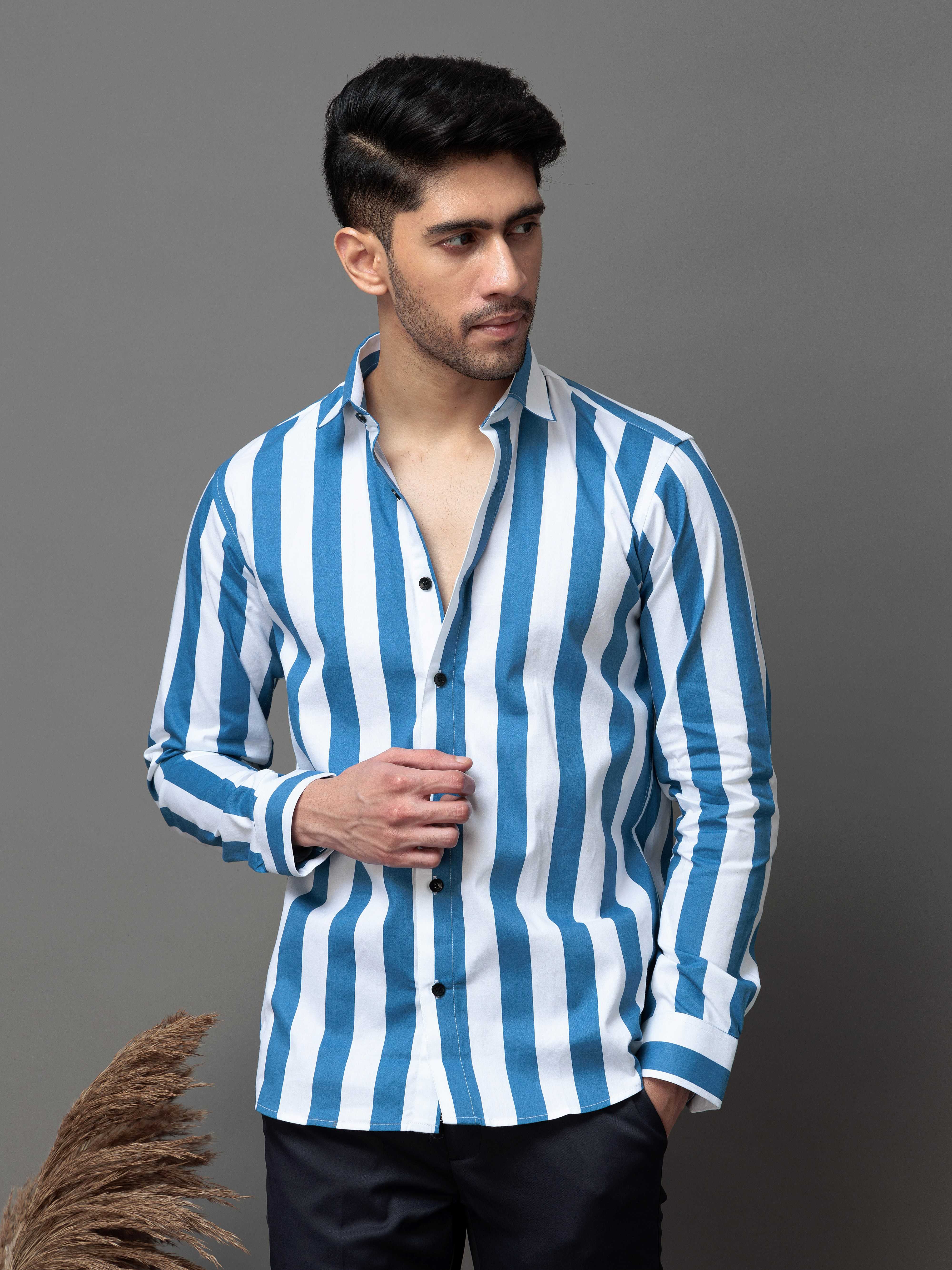 BLUE STRIPED PRINTED COTTON CASUAL SHIRT FOR MEN'S