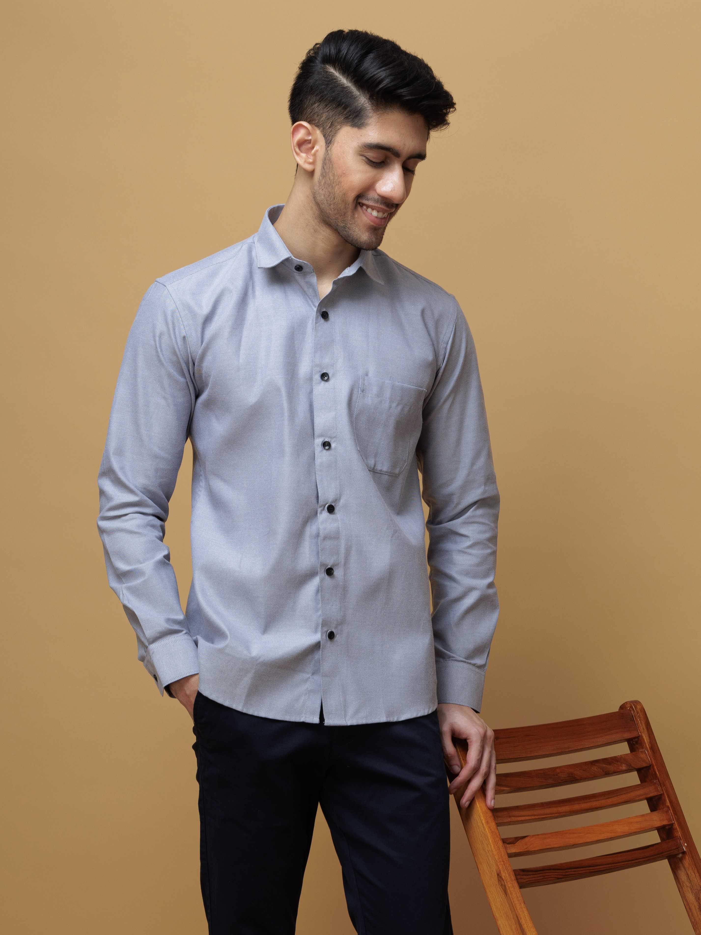 FORMAL GREY PLAIN OXFORD PREMIUM COTTON CASUAL SHIRT FOR MEN'S