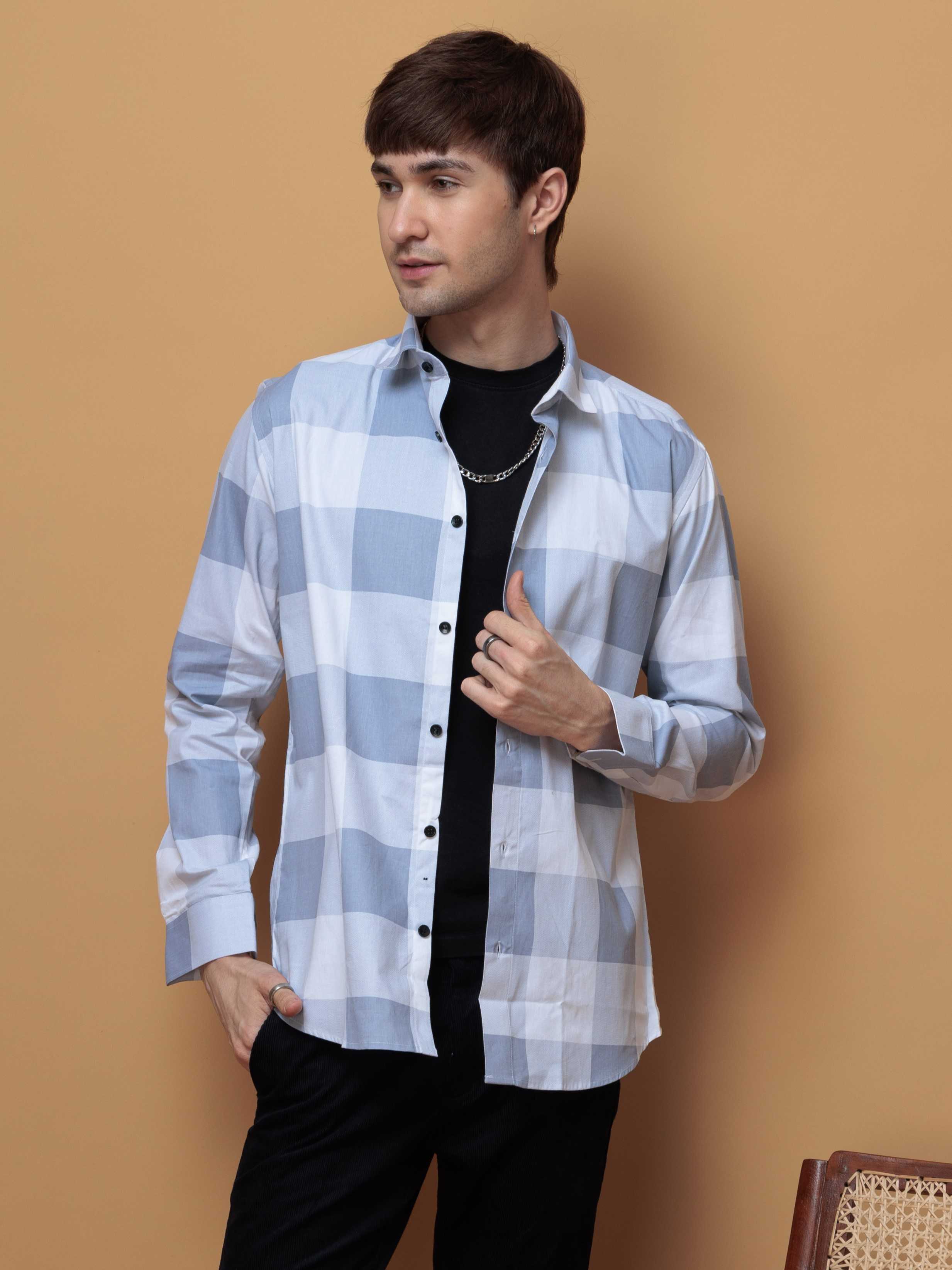 FOOMER GREY CHECKED COTTON CASUAL SHIRT FOR MEN'S