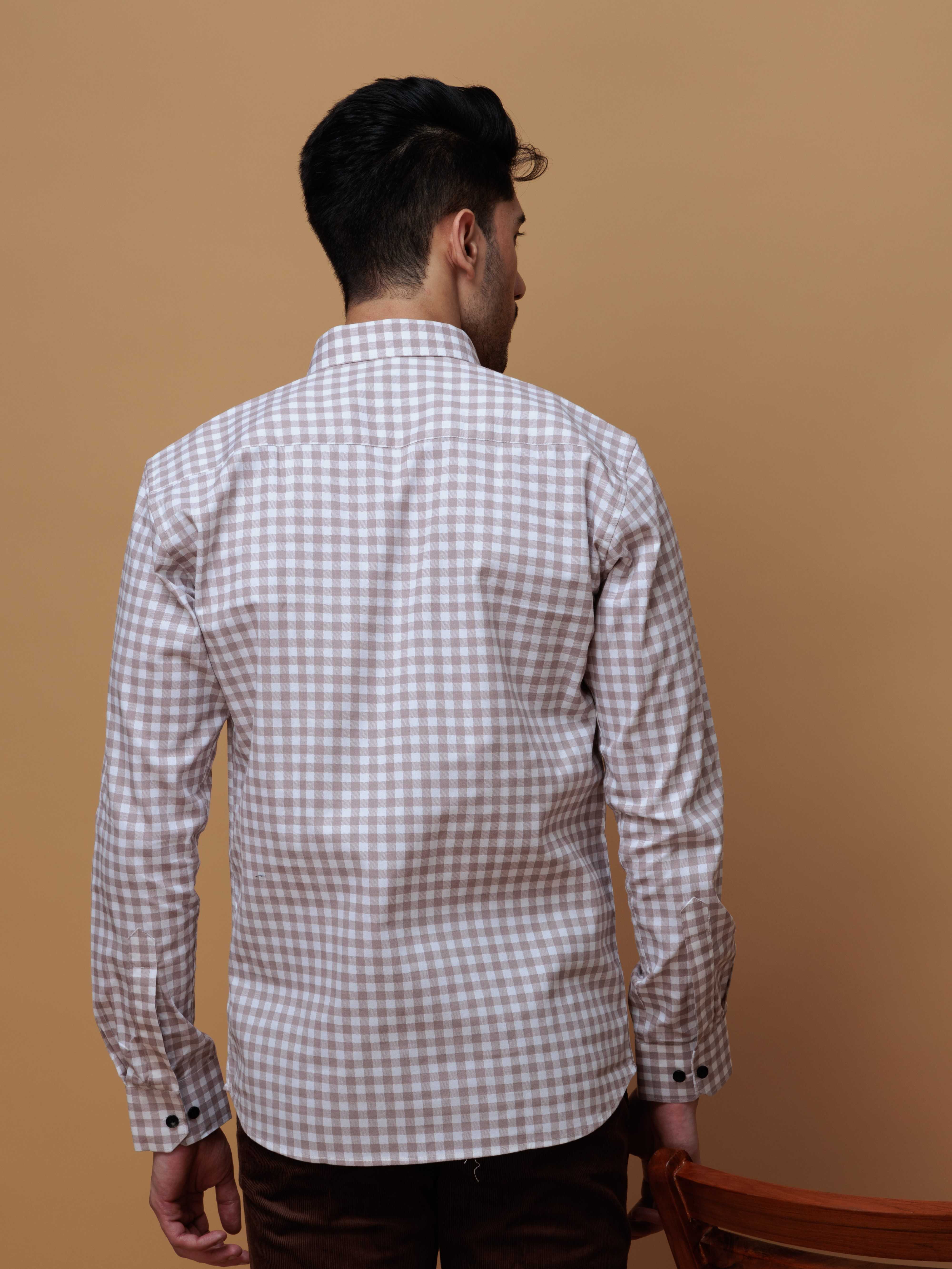 BROWN CHECKERD PRINTED COTTON CASUAL SHIRT FOR MEN'S