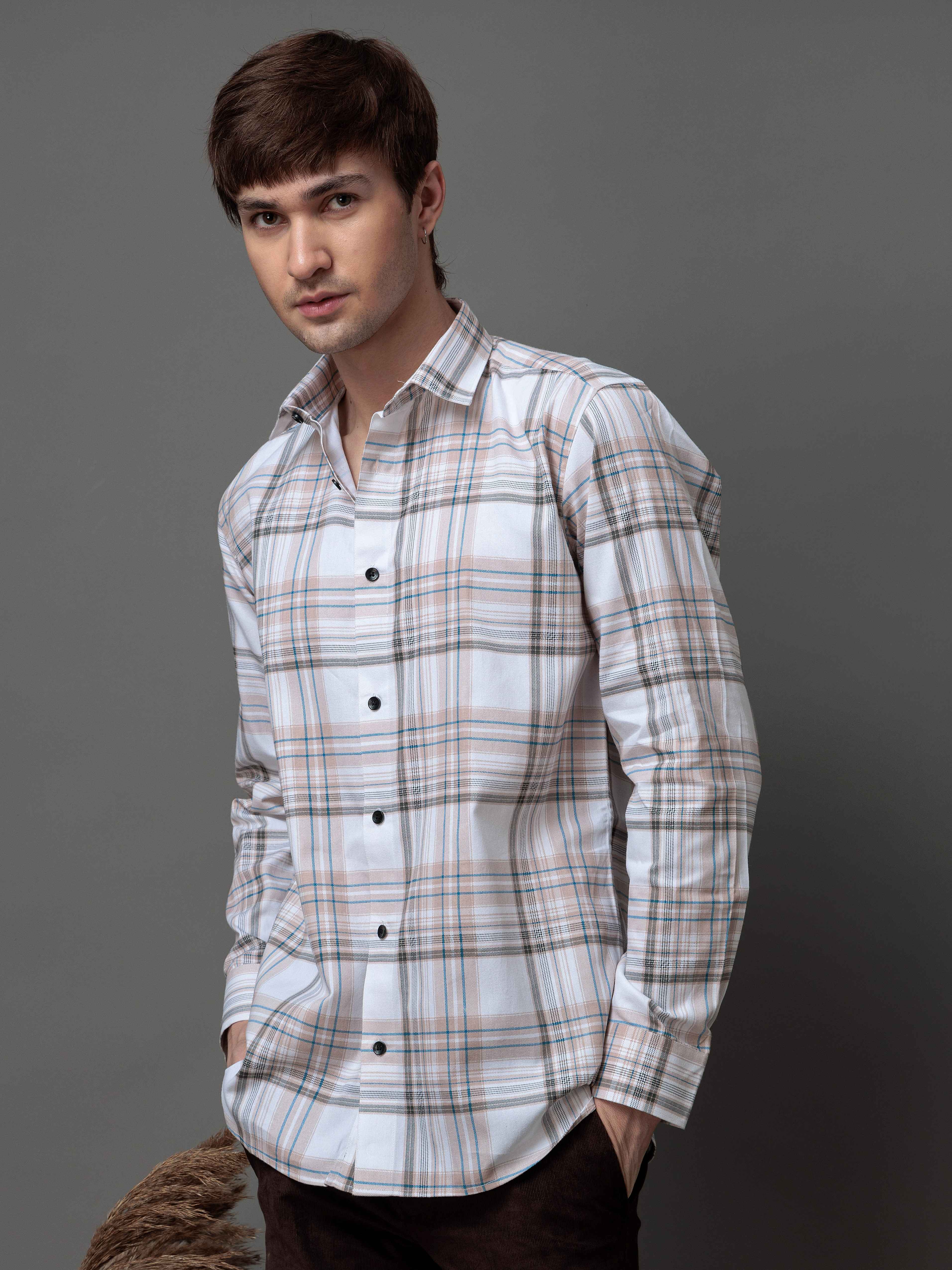 BOX BROWN CHECKED COTTON CASUAL SHIRT FOR MEN'S
