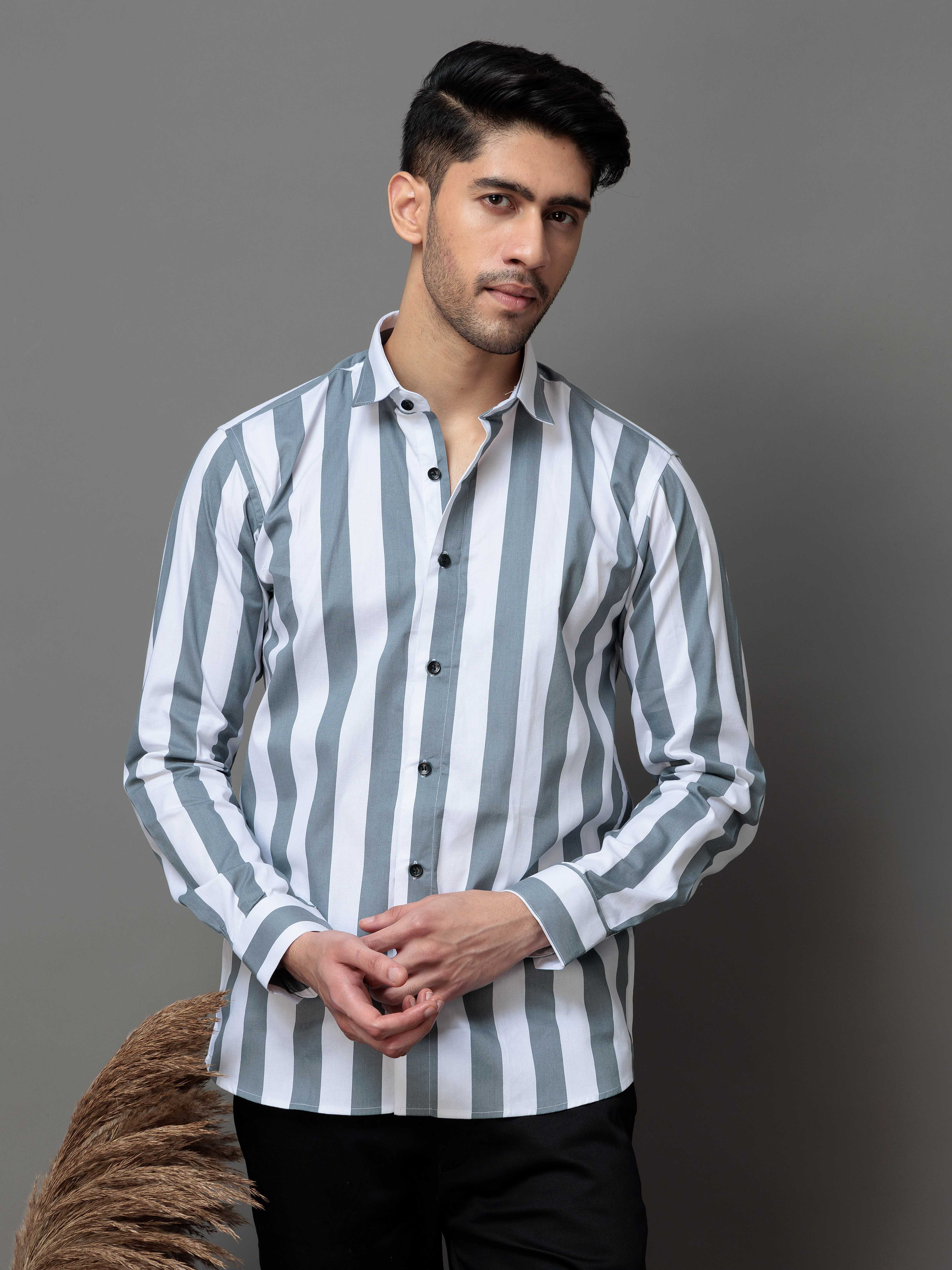 GREY STRIPED COTTON CASUAL SHIRT FOR MEN'S