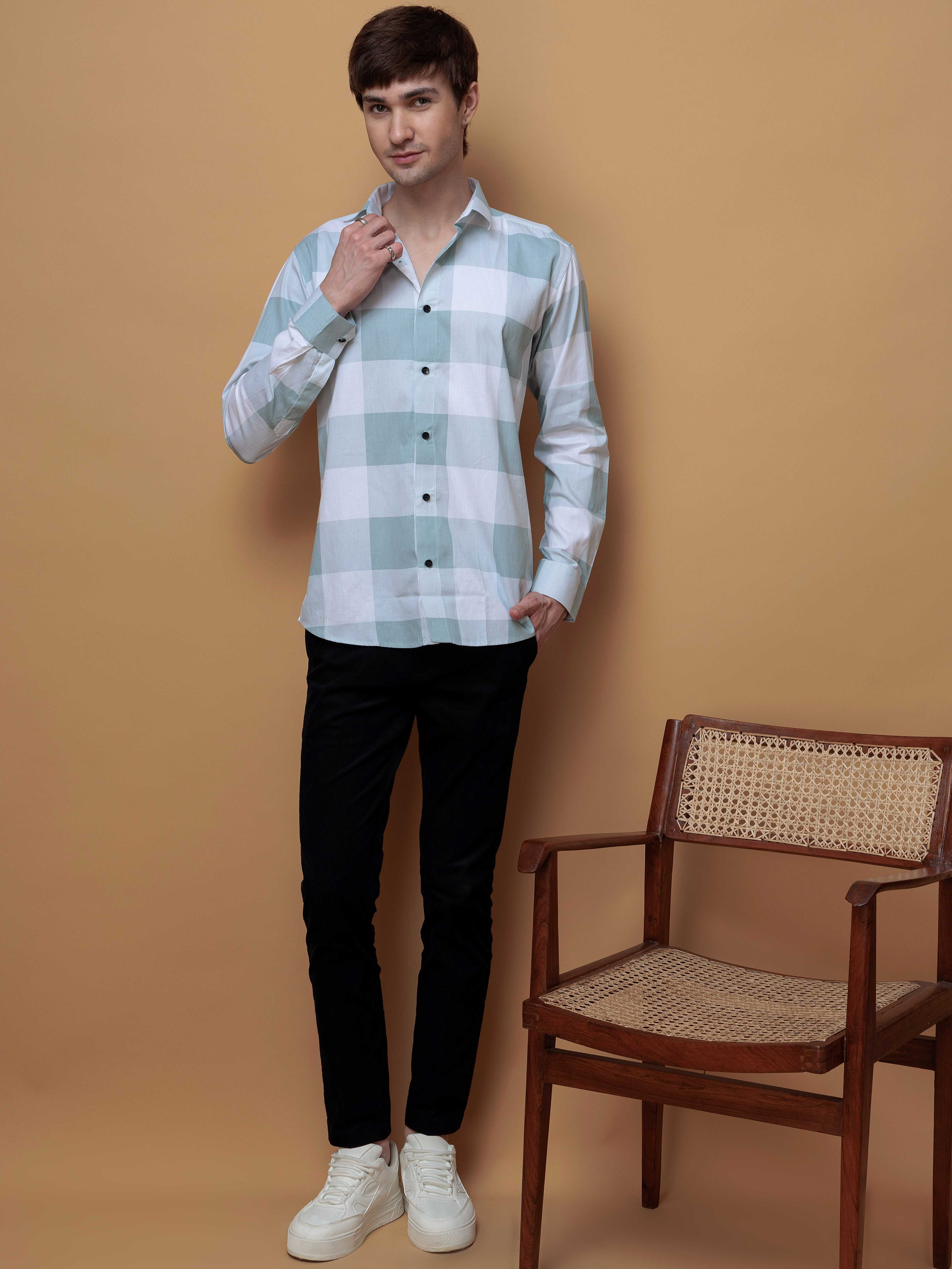 FOOMER GREEN CHECKS COTTON CASUAL SHIRT FOR MEN'S
