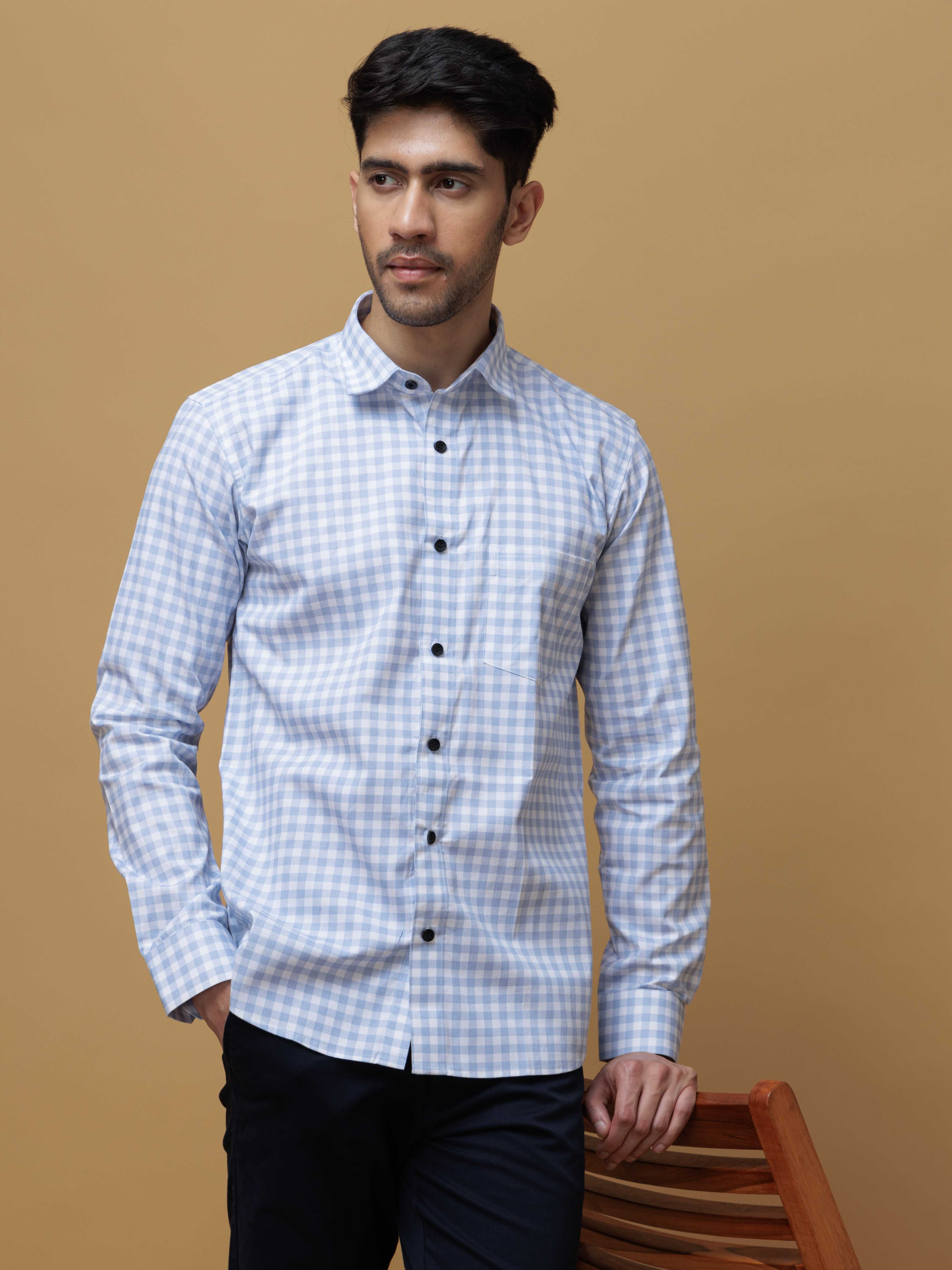 SKY CHECKERED PRINTED COTTON CASUAL SHIRT FOR MEN'S