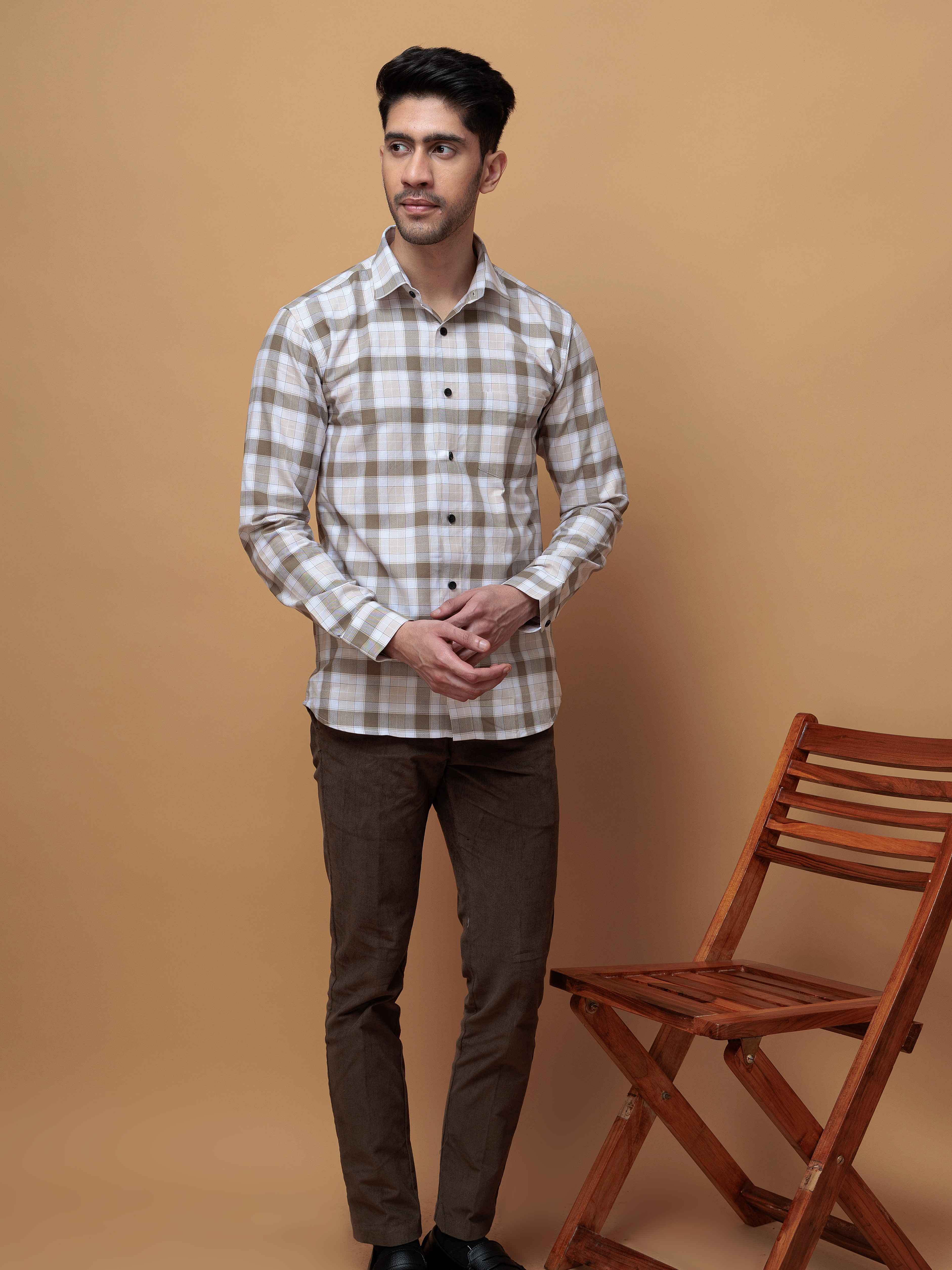 SQUARE WOOD CHECKED COTTON CASUAL SHIRT FOR MEN'S