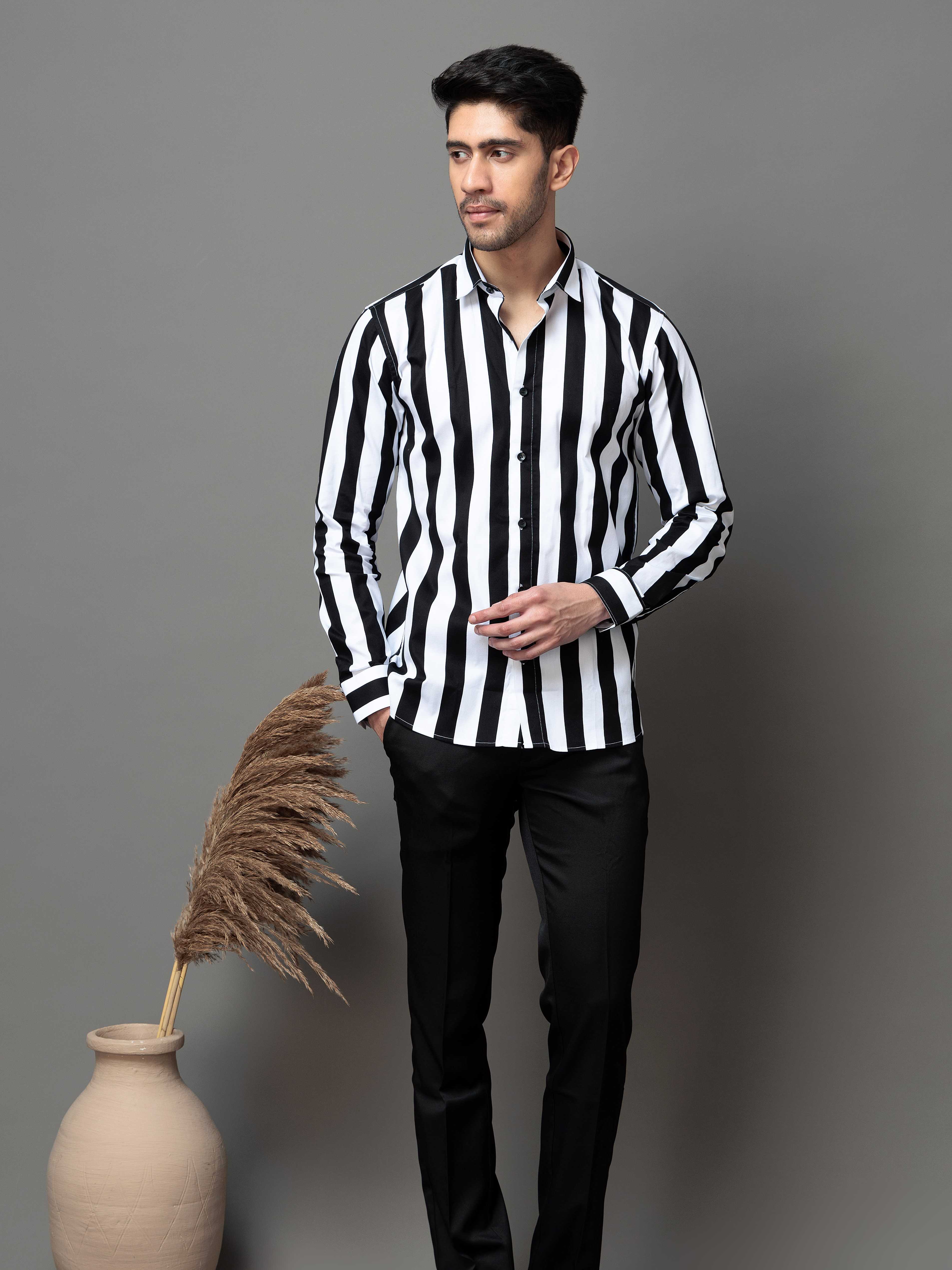 BLACK STRIPED PRINTED COTTON CASUAL SHIRT FOR MEN'S
