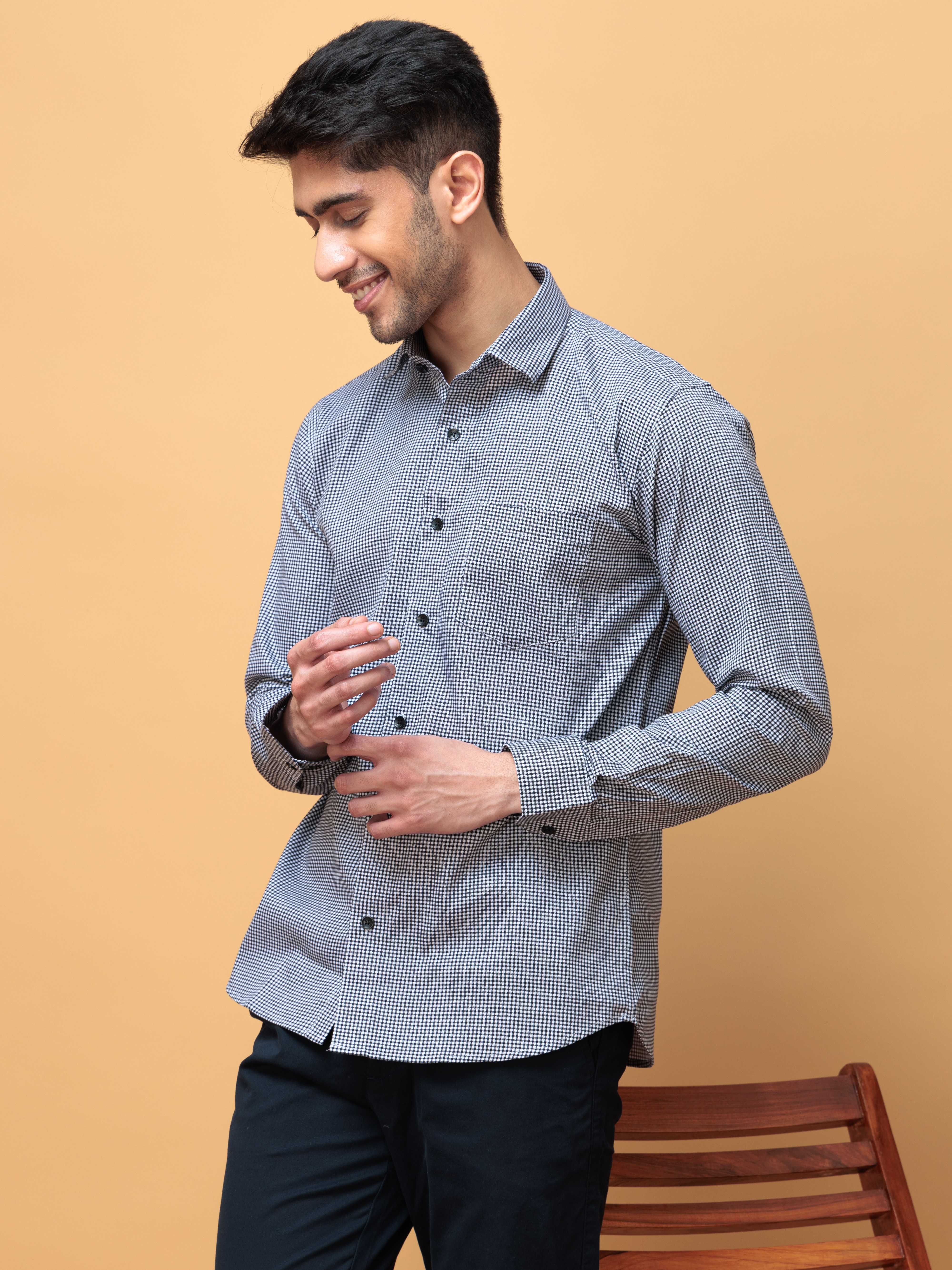 FOOMER WHITE MINI CHECKED COTTON CASUAL SHIRT FOR MEN'S