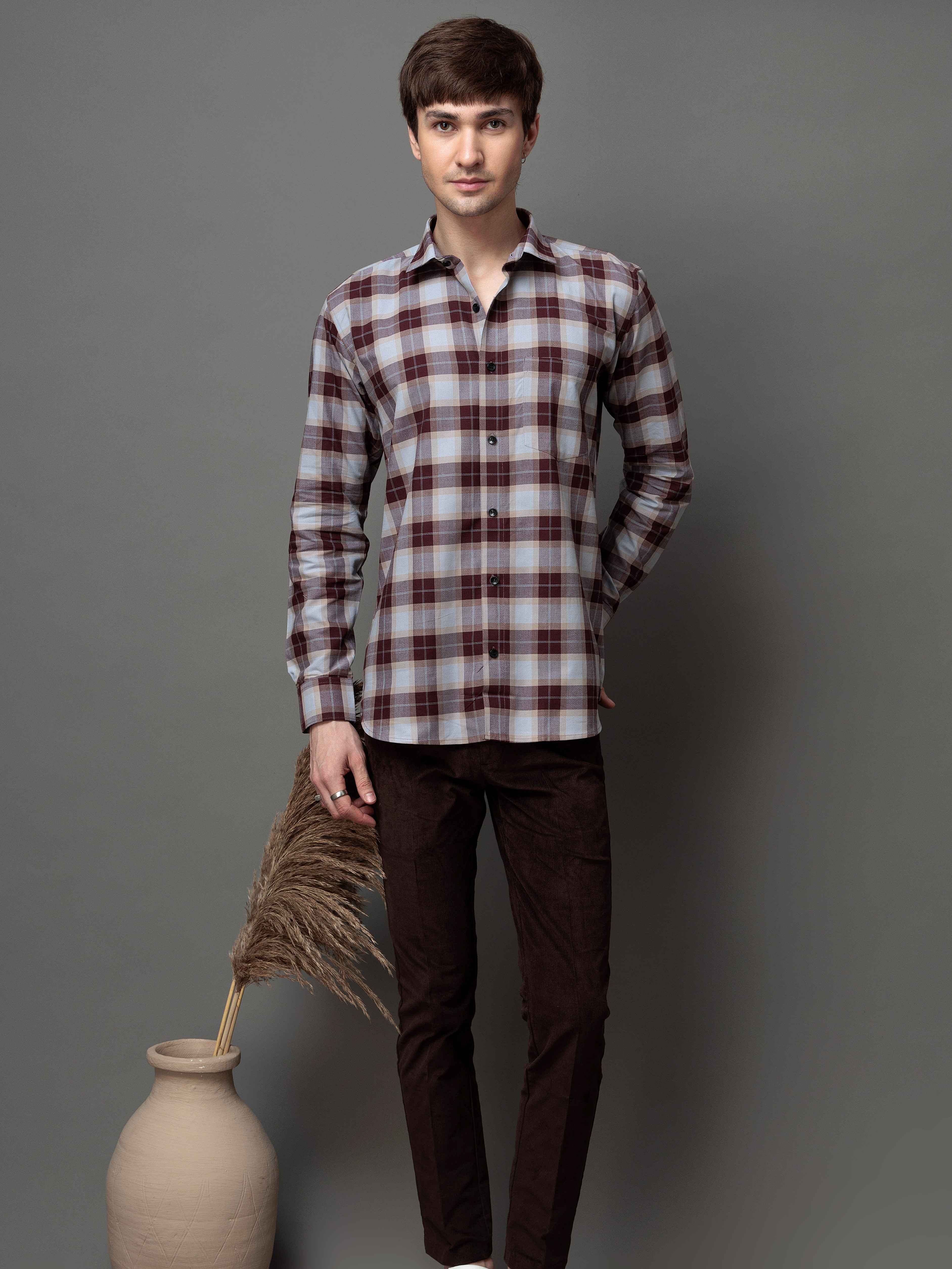 SQUARE WINE CHECKED COTTON CASUAL SHIRT FOR MEN'S