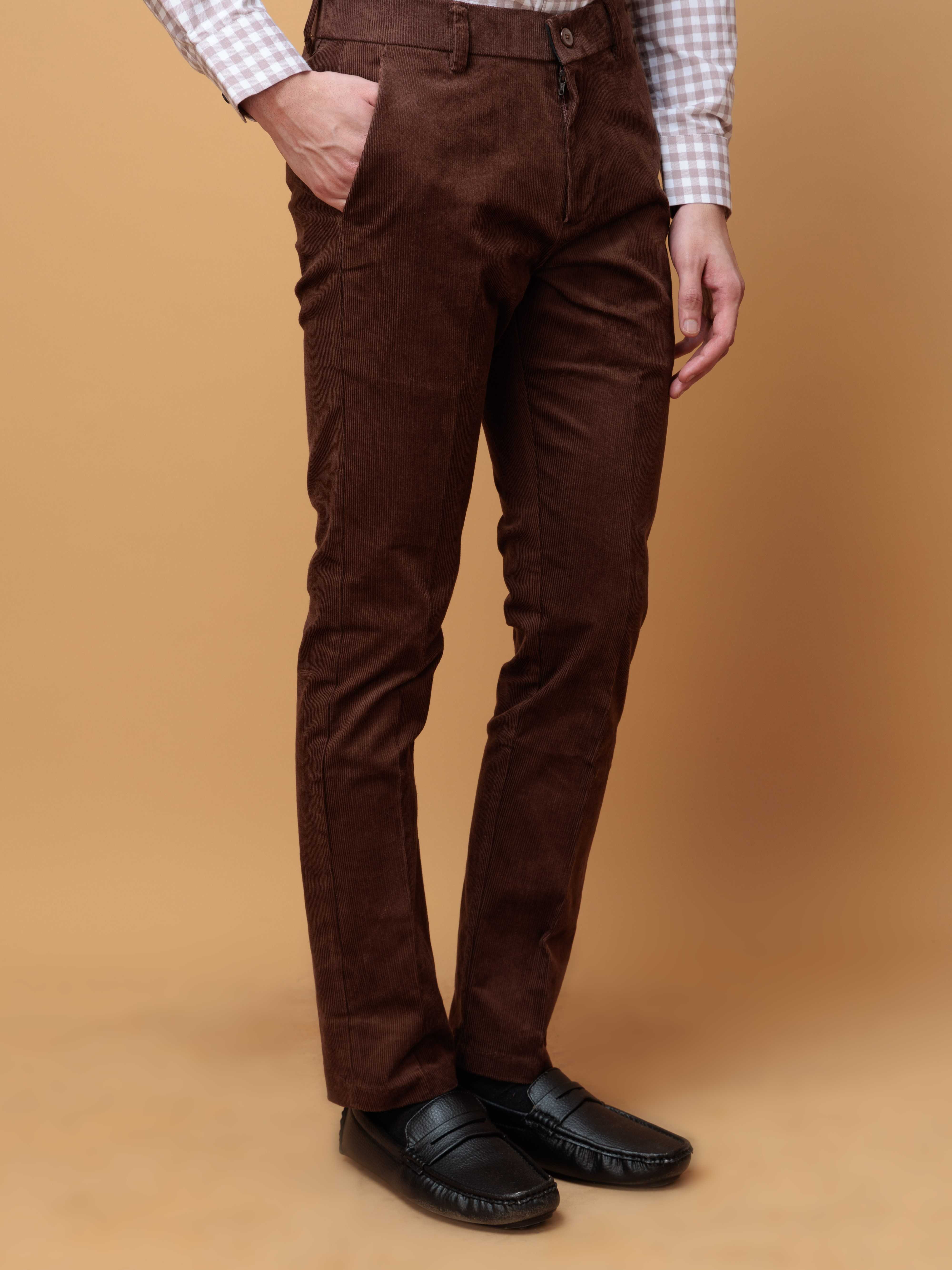 BROWN CORDUROY RELAXED FIT TROUSERS FOR MEN'S