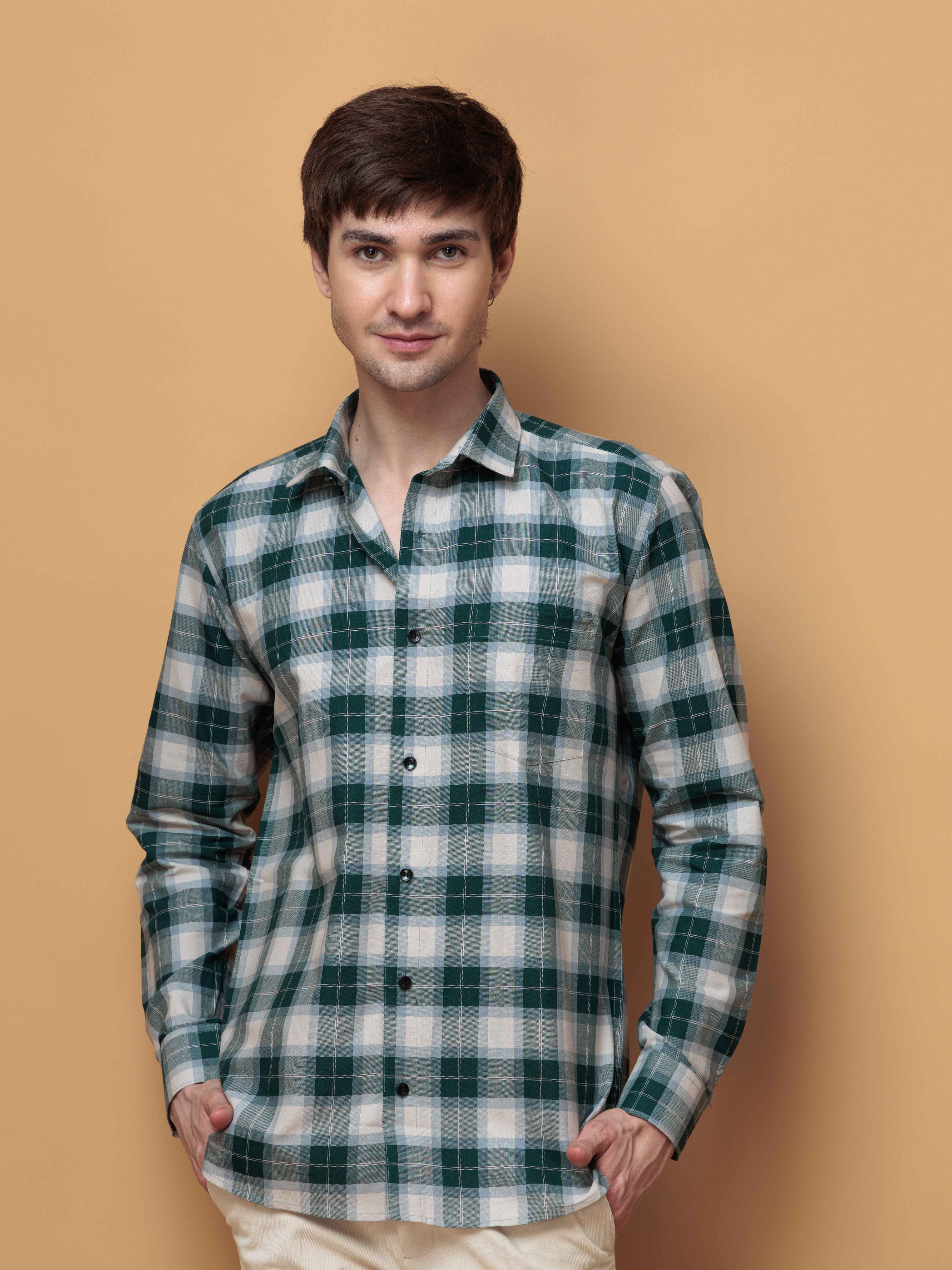 SQUARE GREEN CHECKED COTTON CASUAL SHIRT FOR MEN'S