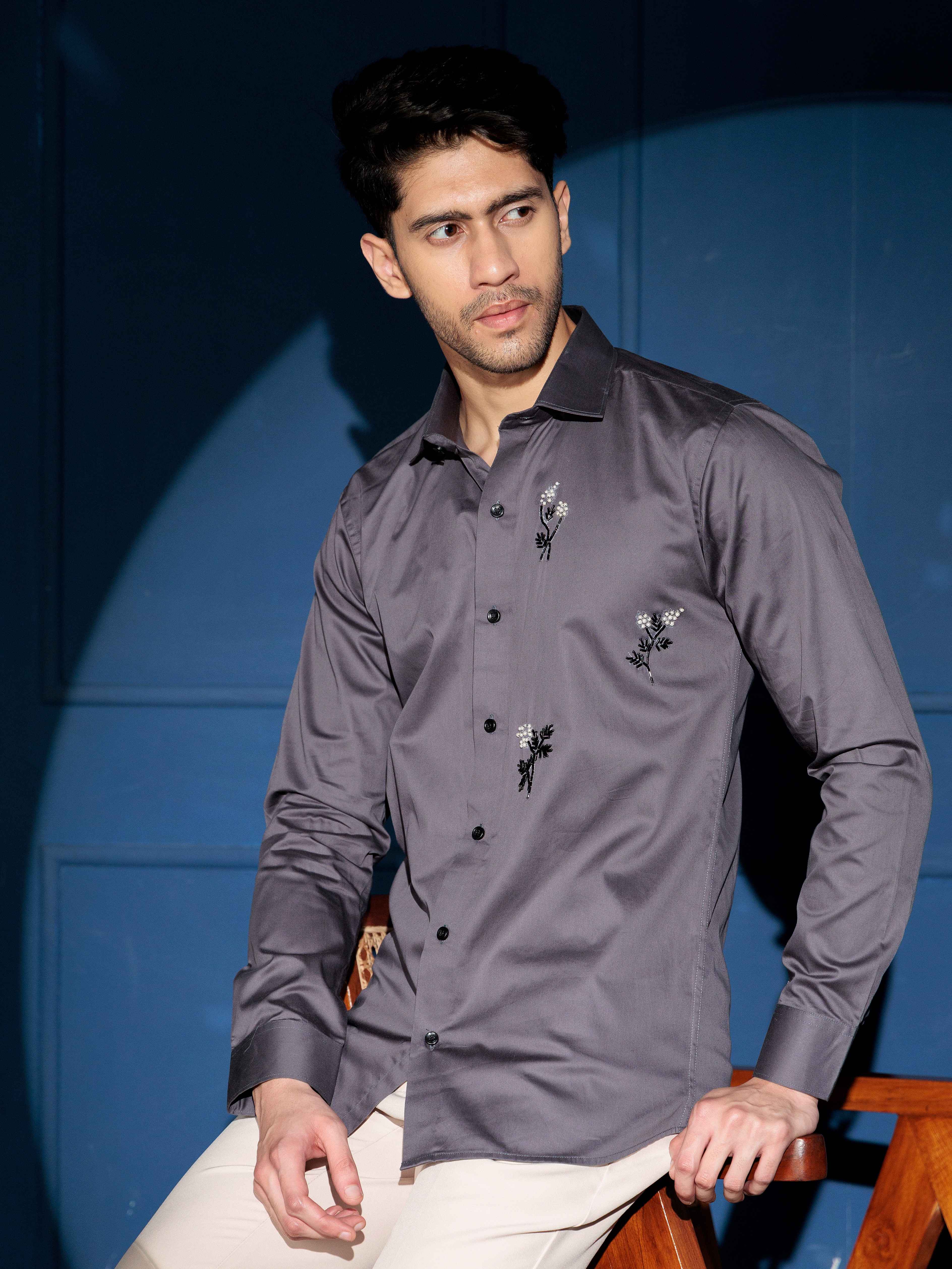 FOOMER FLORAL HD RHINESTONE HAND WORK SATIN COTTON SHIRT