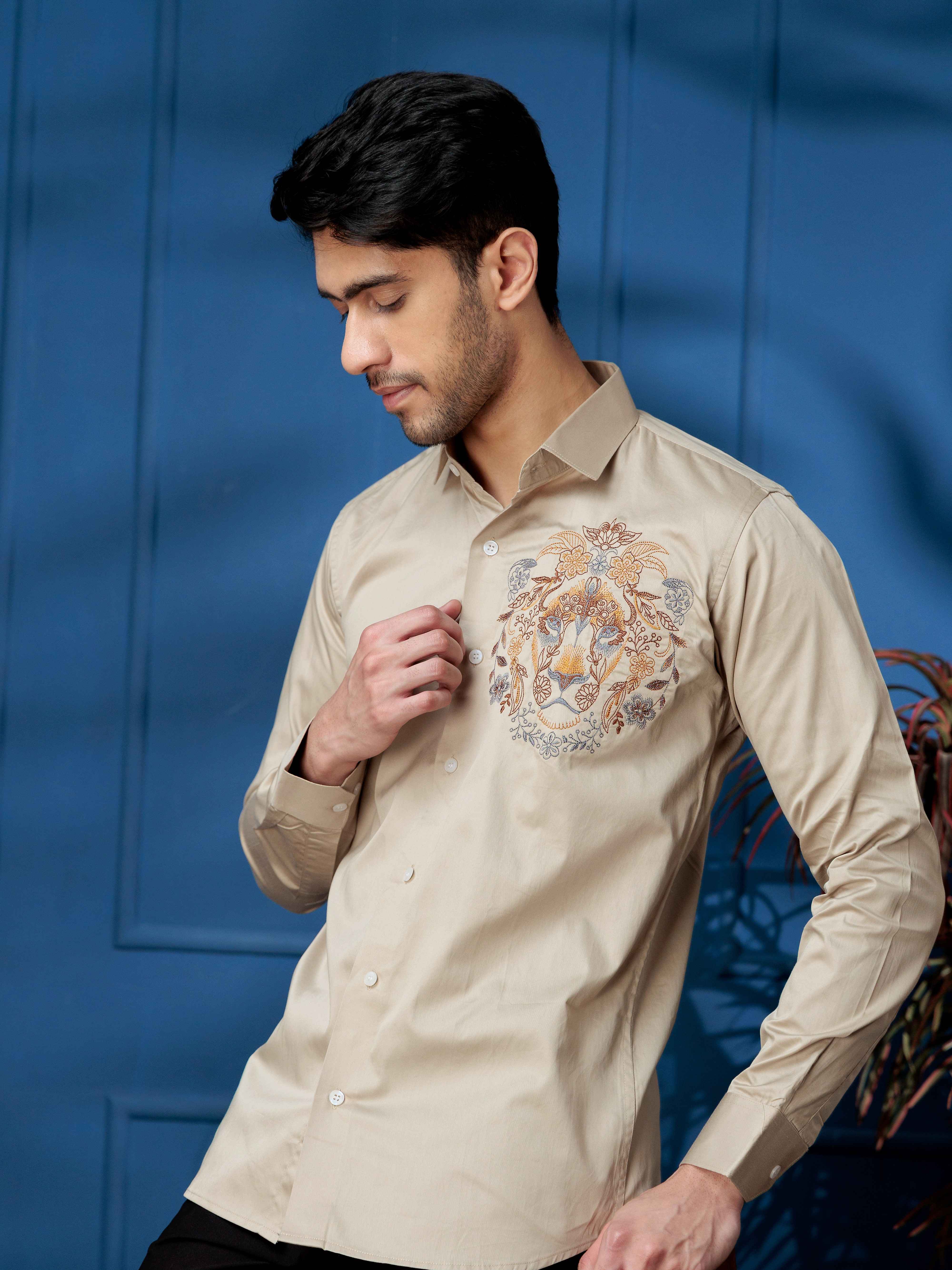 FOOMER CREAM LION EMBROIDERED CLUB WEAR SATIN COTTON SHIRT
