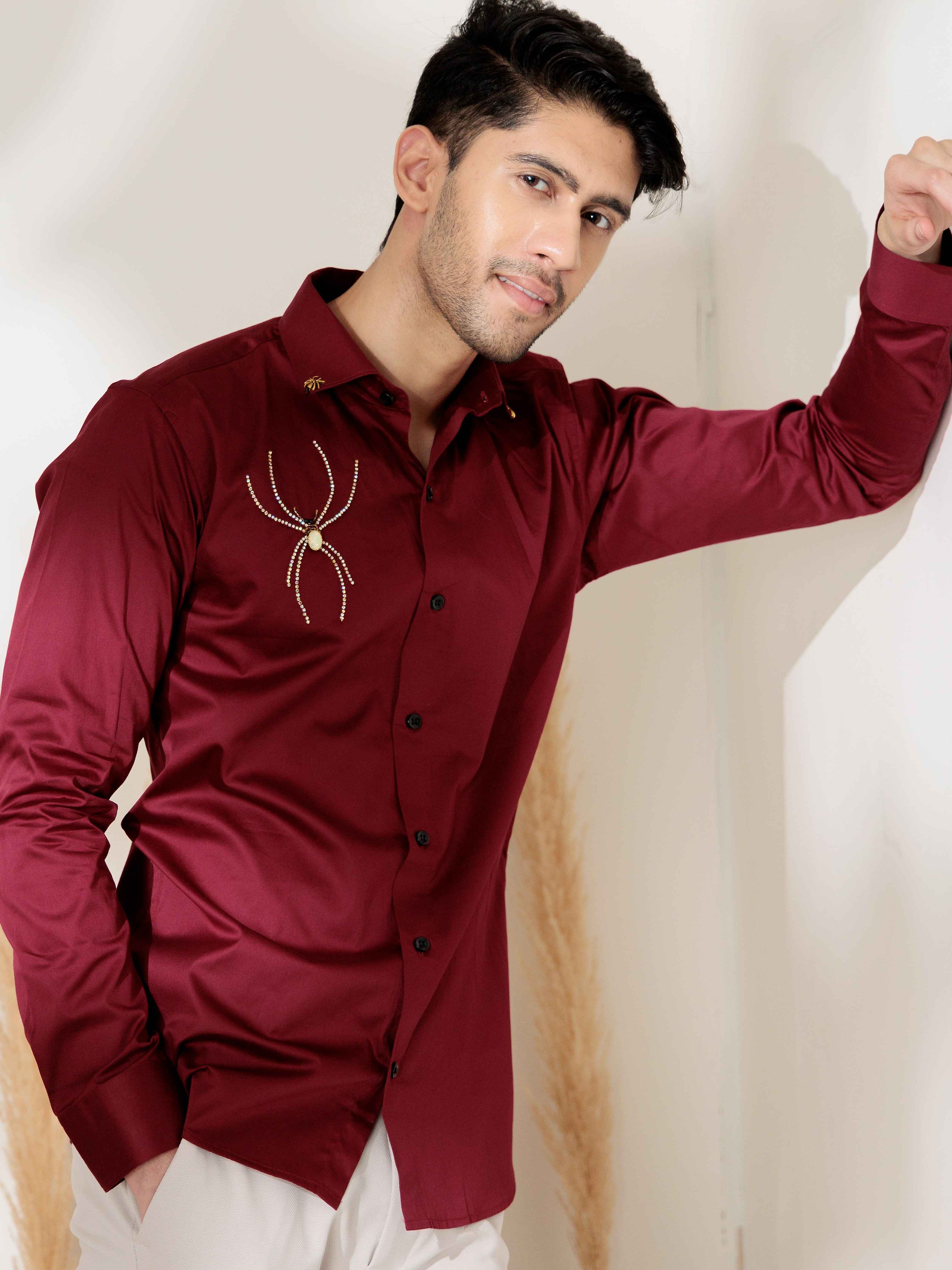 FOOMER MAROON RHINESTONE HAND WORK SATIN COTTON PREMIUM SHIRT FOR MEN