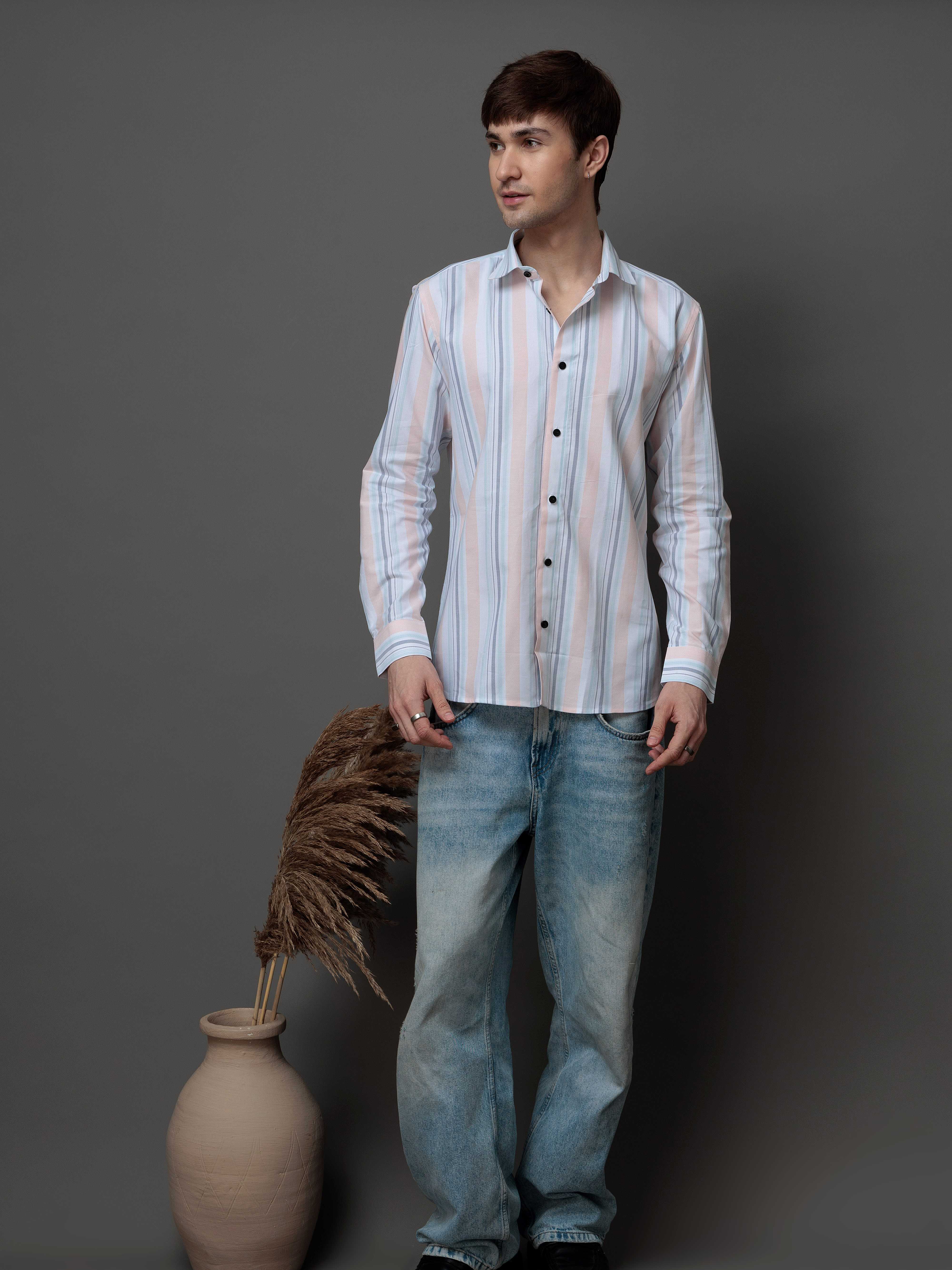 PEACH MULTI STRIPES COTTON REGULAR FIT MEN'S CASUAL SHIRT FOR MEN'S