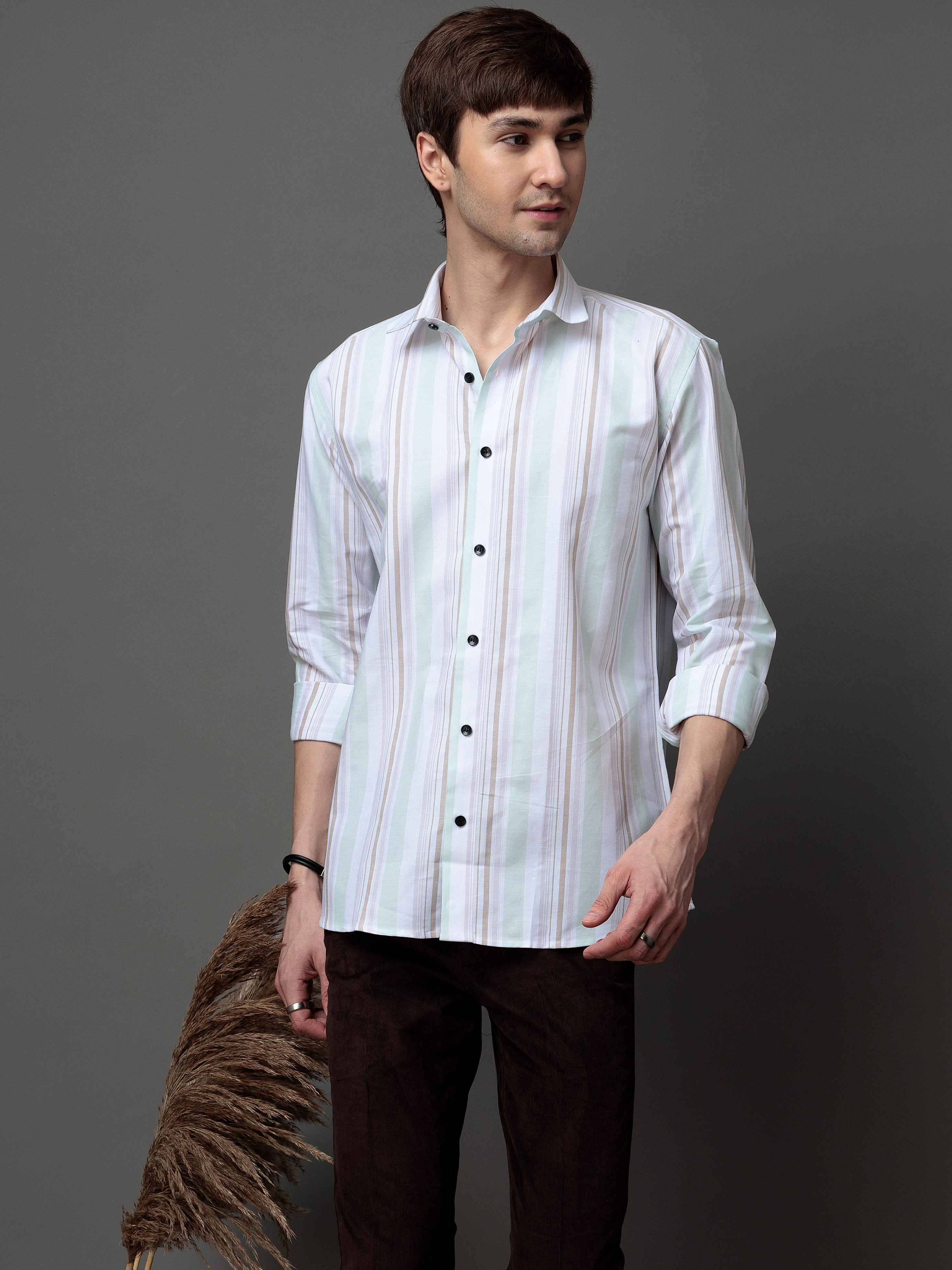 GREEN MULTI STRIPES COTTON REGULAR FIT MEN'S CASUAL SHIRT FOR MEN'S