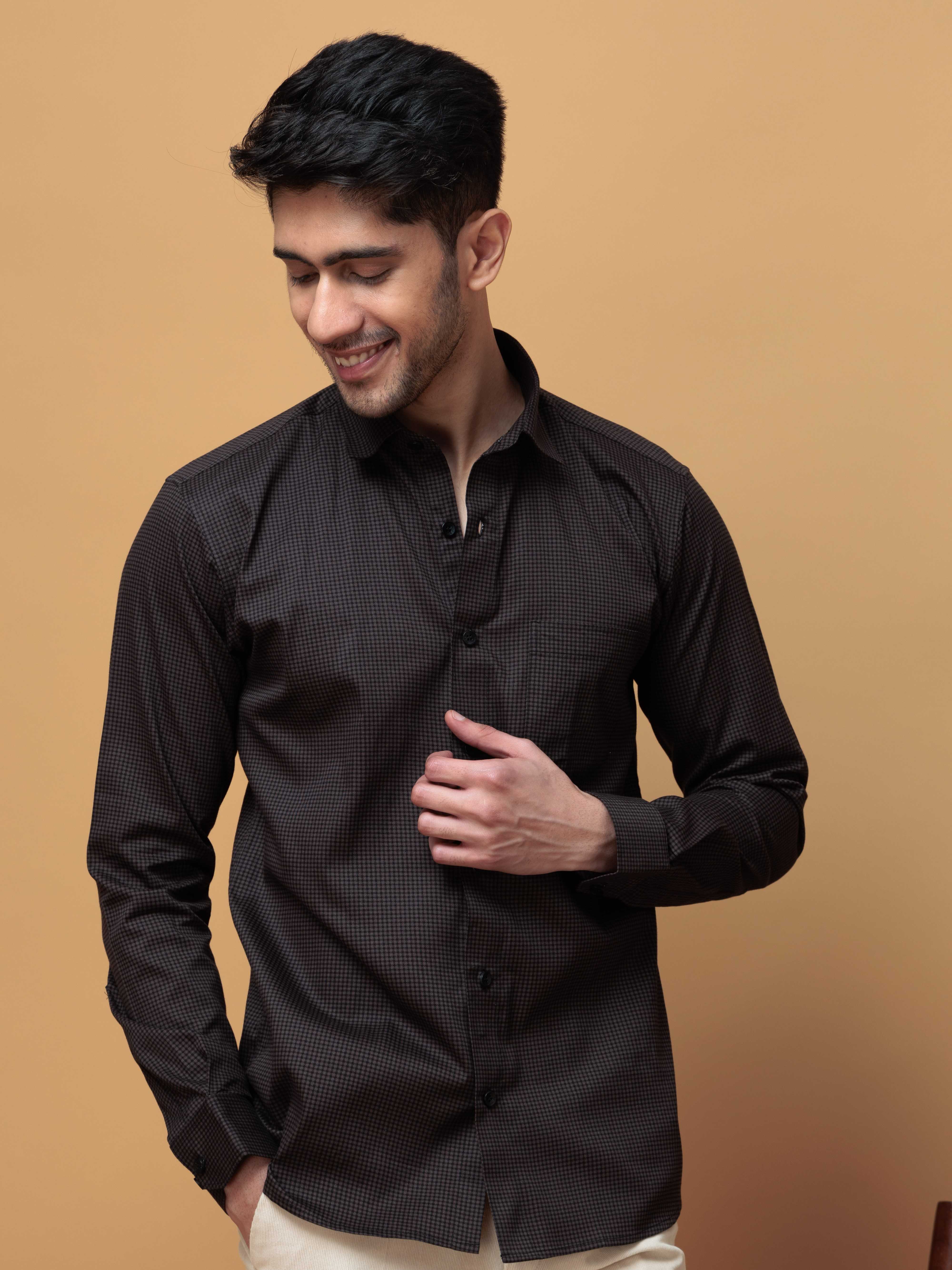 FOOMER DARK GREY MINI CHECKED COTTON CASUAL SHIRT FOR MEN'S
