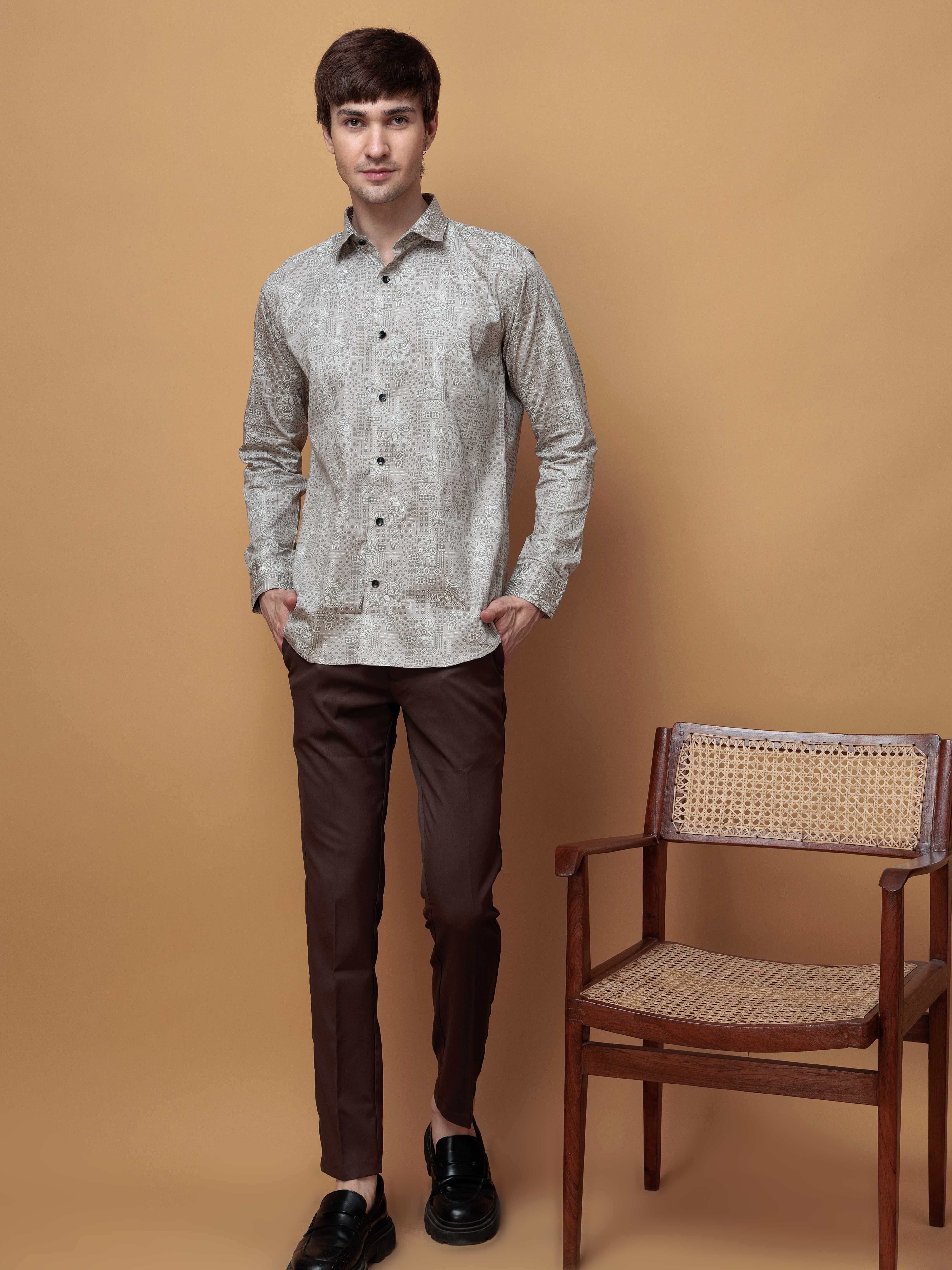 GREY SATIN PREMIUM PRINTED CASUAL SHIRT FOR MEN'S