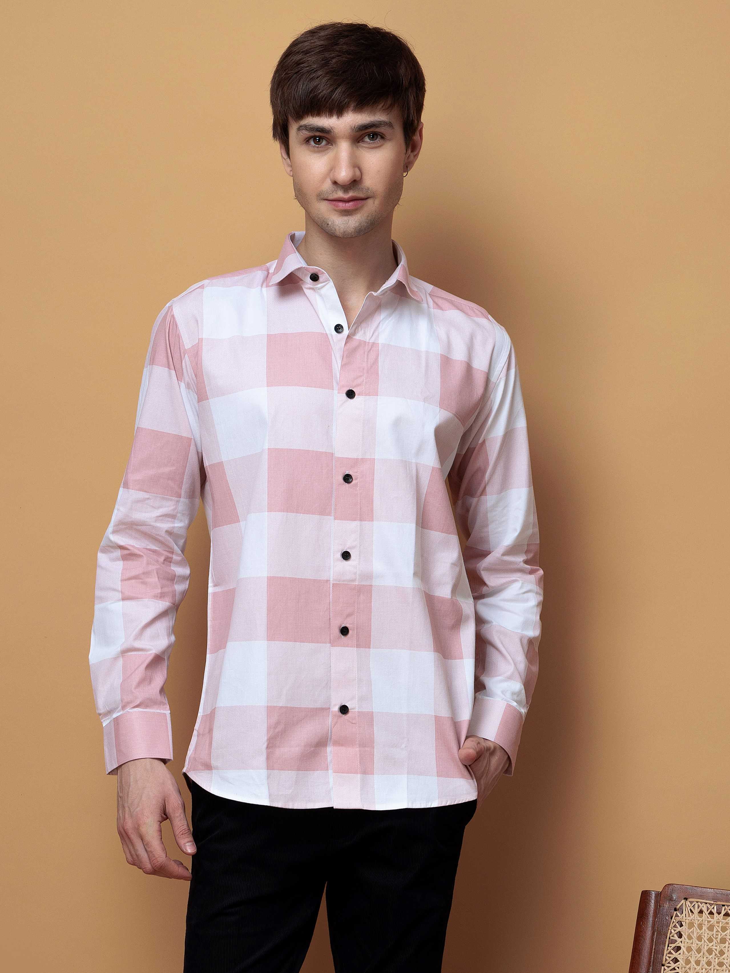 FOOMER SQUARE PEACH CHECKED COTTON CASUAL SHIRT FOR MEN'S