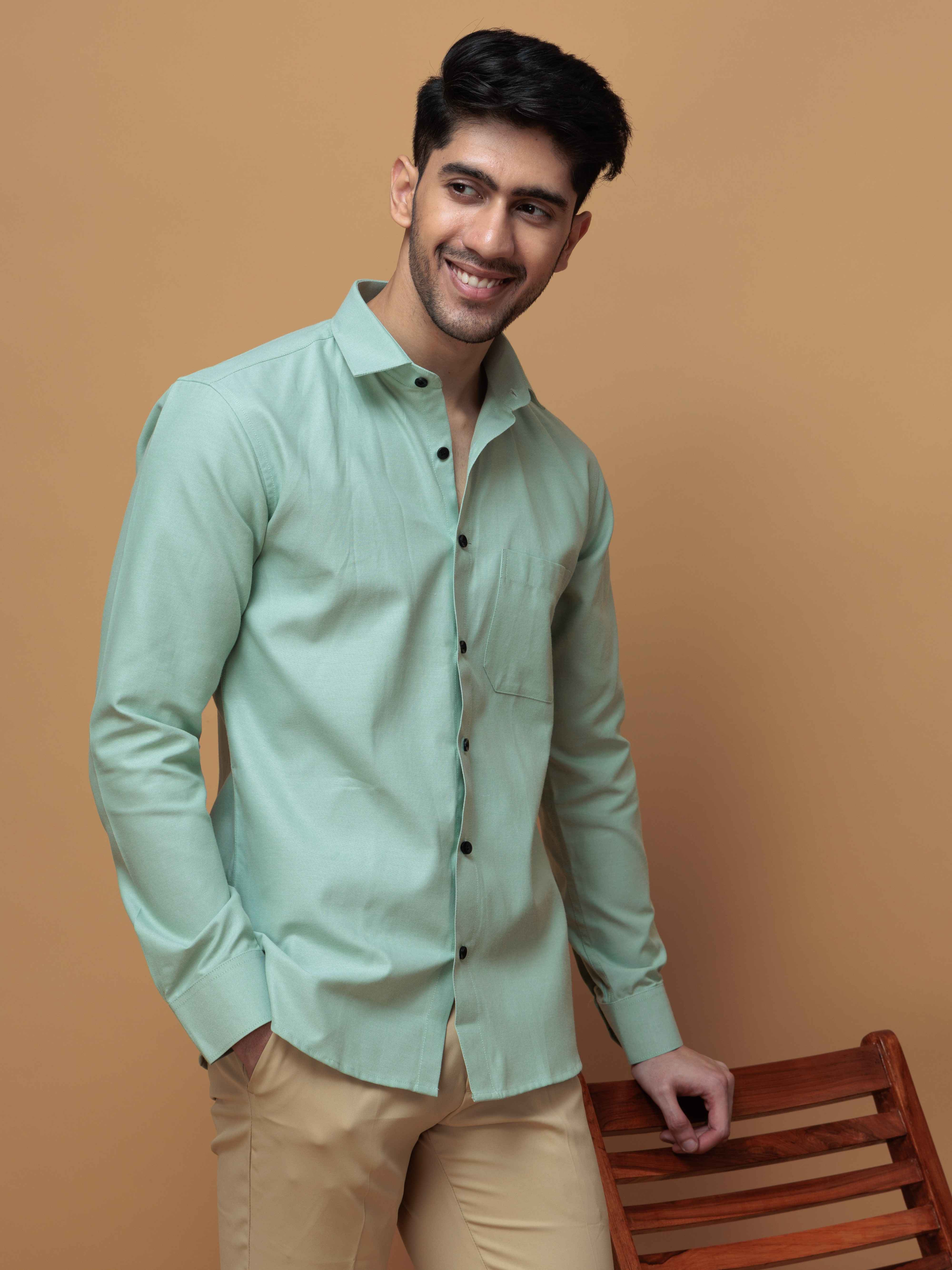 FORMAL GREEN PLAIN OXFORD COTTON CASUAL SHIRT FOR MEN'S
