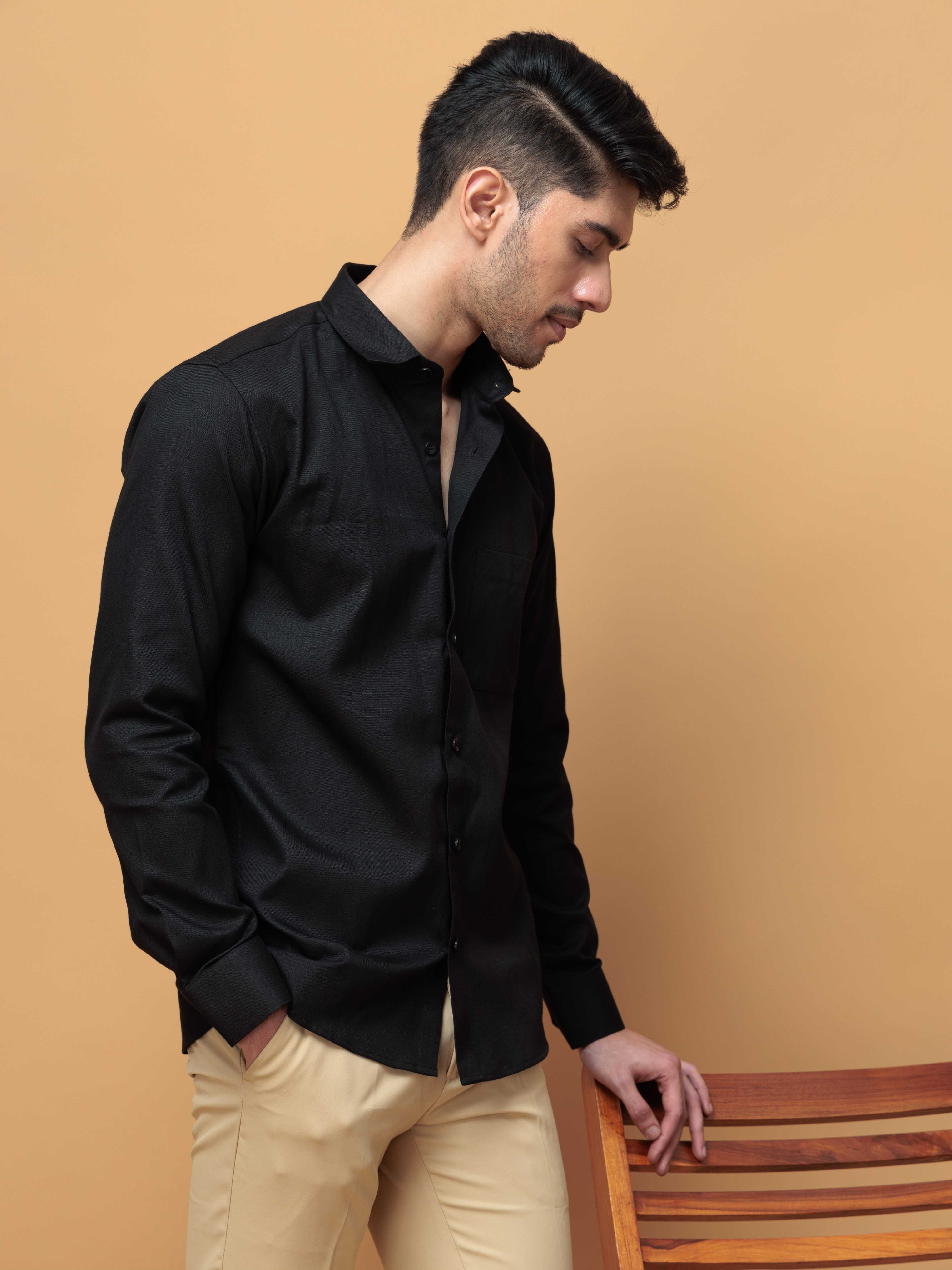 FORMAL BLACK PLAIN OXFORD COTTON CASUAL SHIRT FOR MEN'S