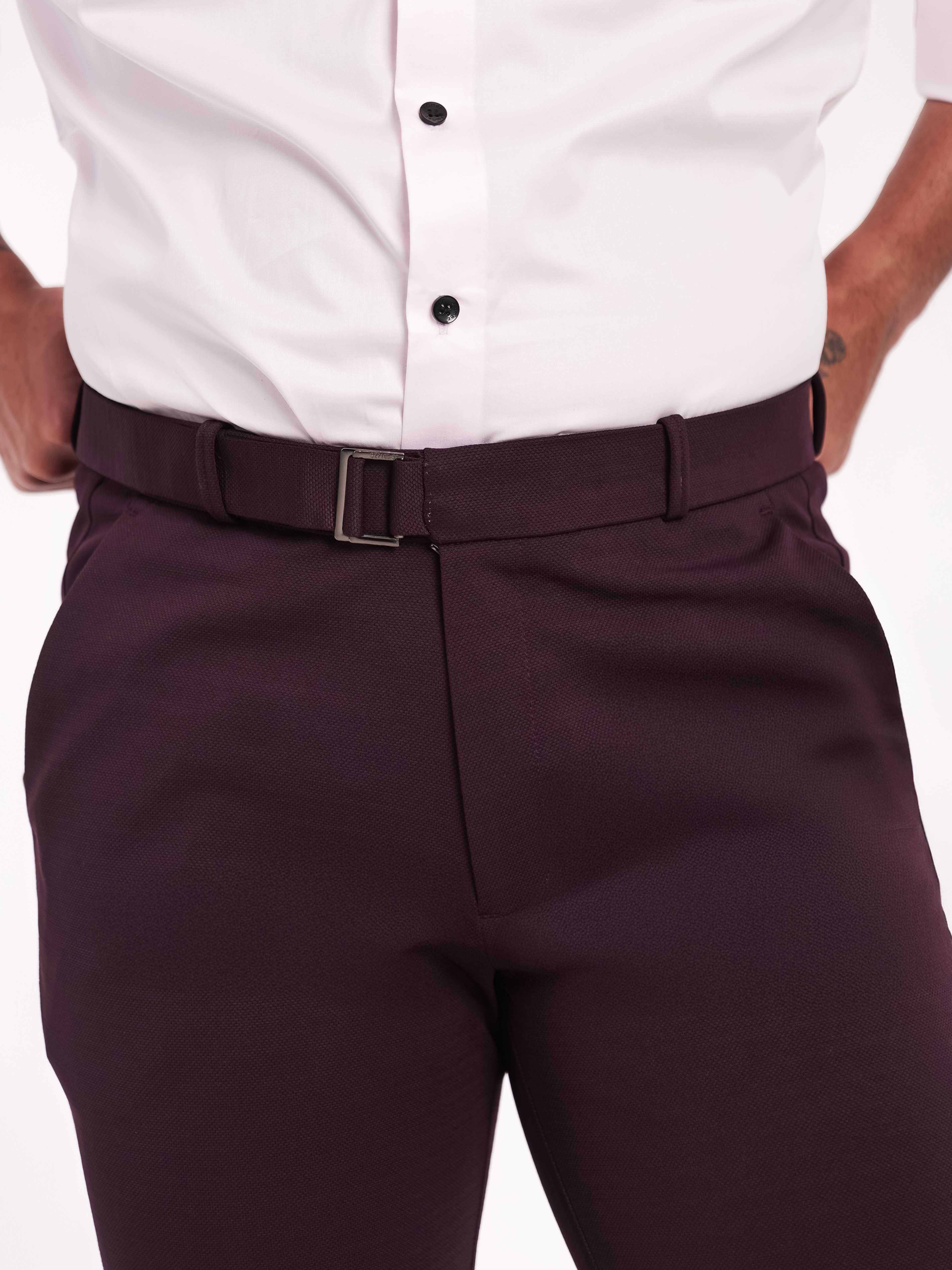 Foomer Dark Wine Sharp Fit Cotton Trouser For Men's