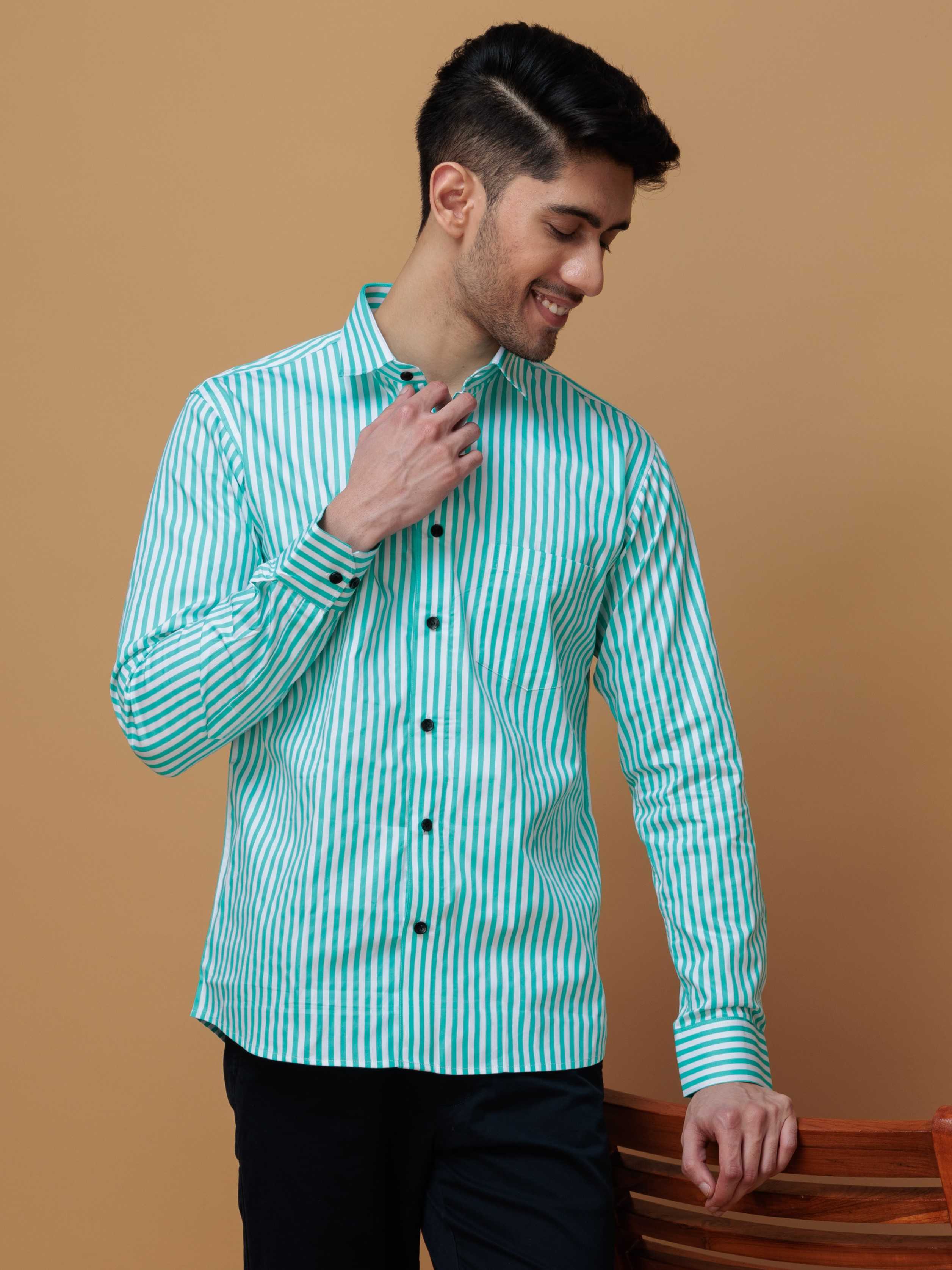 GREEN STRIPED COTTON REGULAR FIT MEN'S CASUAL SHIRT FOR MEN'S