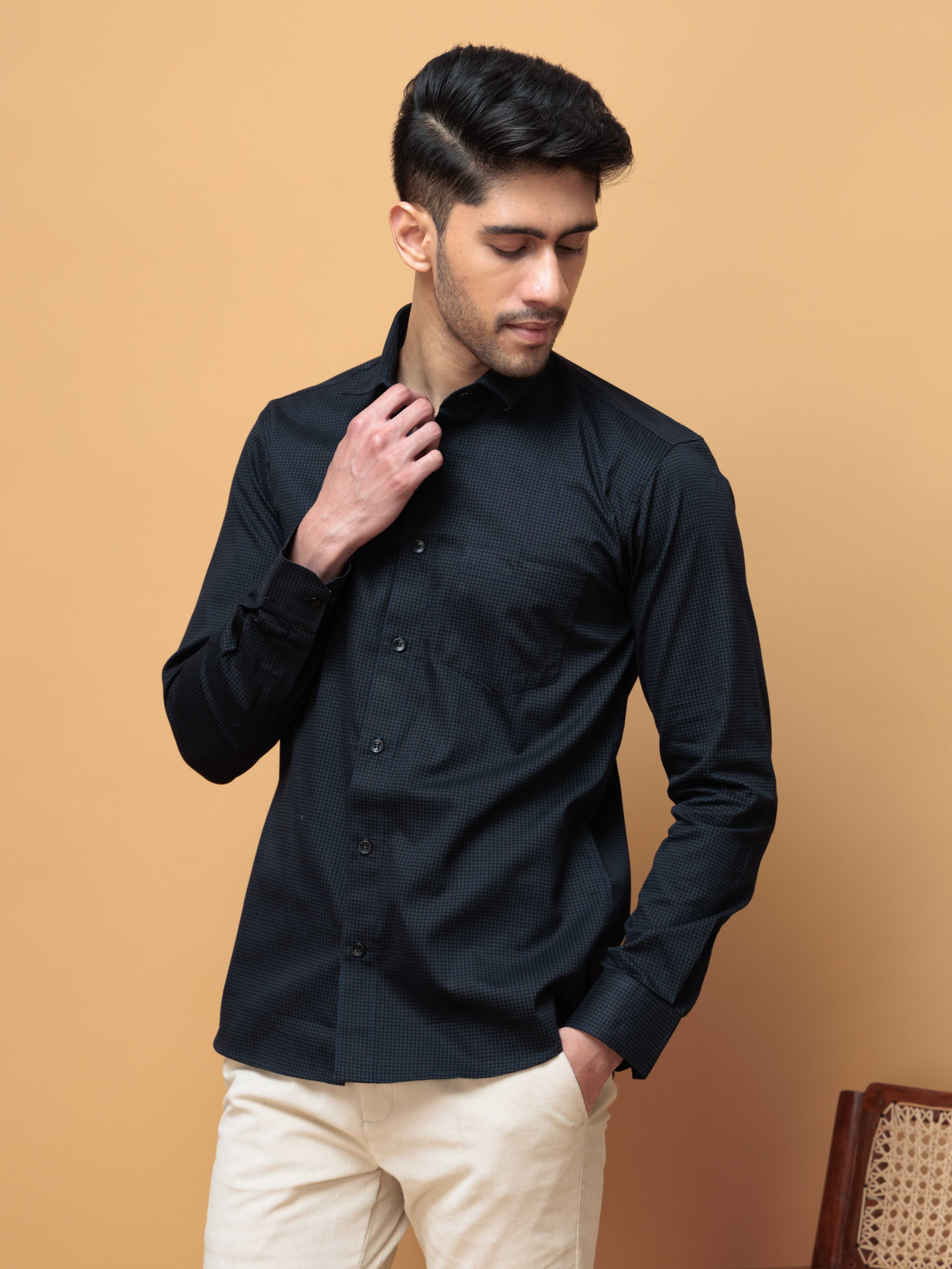 FOOMER NAVY MINI CHECKED COTTON CASUAL SHIRT FOE MEN'S