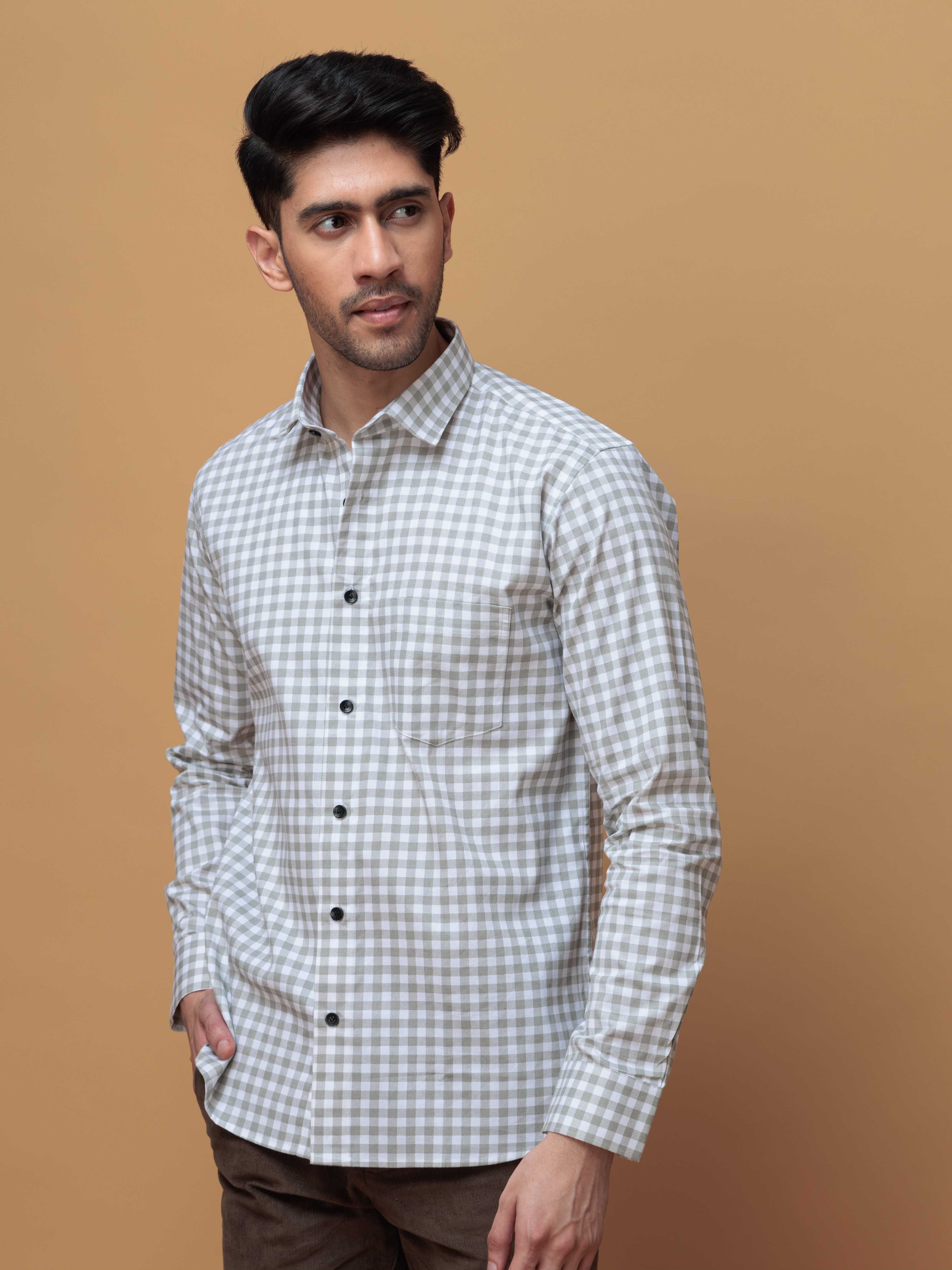 GREEN CHECKERED PRINTED COTTON CASUAL SHIRT FOR MEN'S