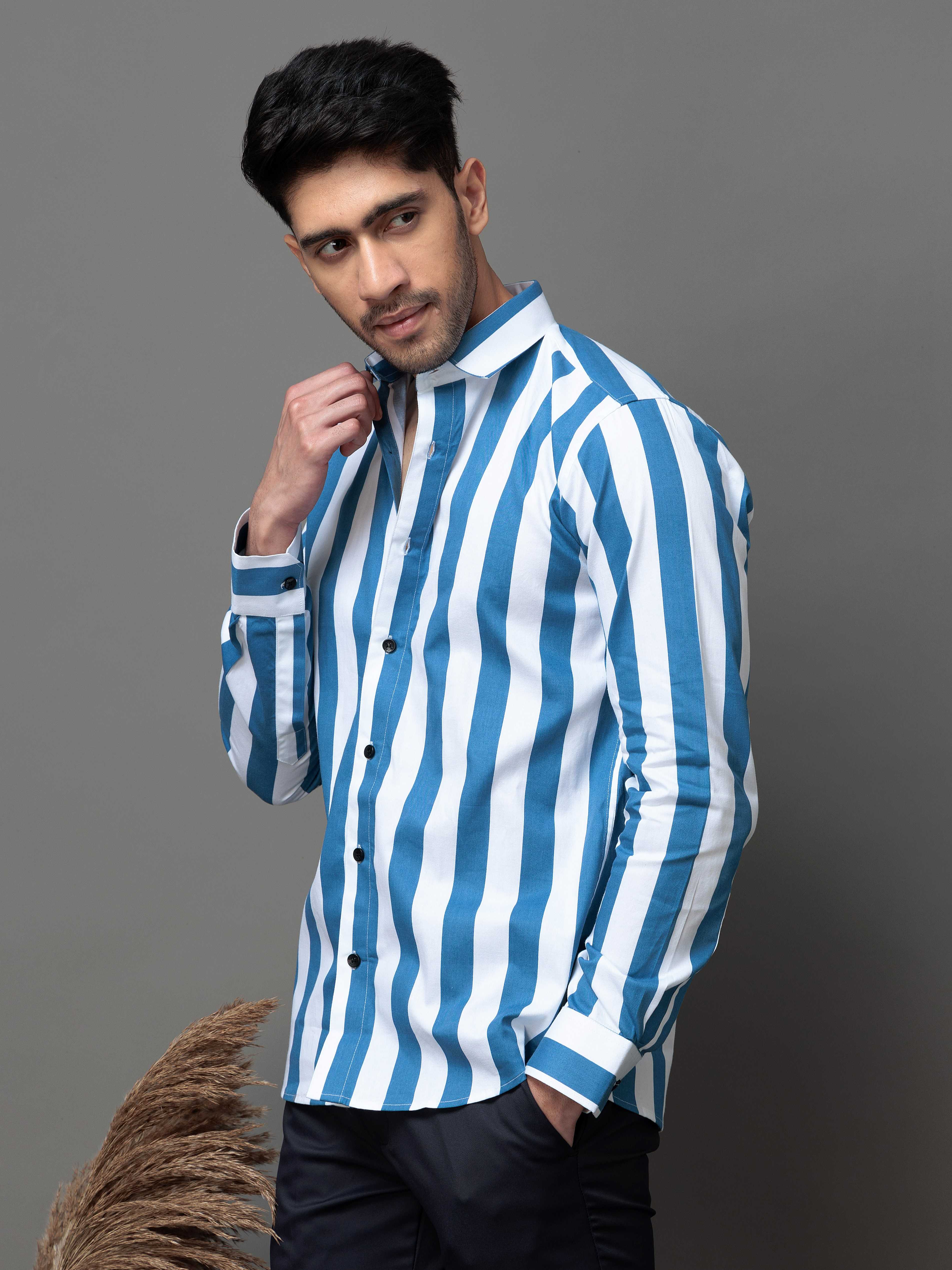 BLUE STRIPED PRINTED COTTON CASUAL SHIRT FOR MEN'S