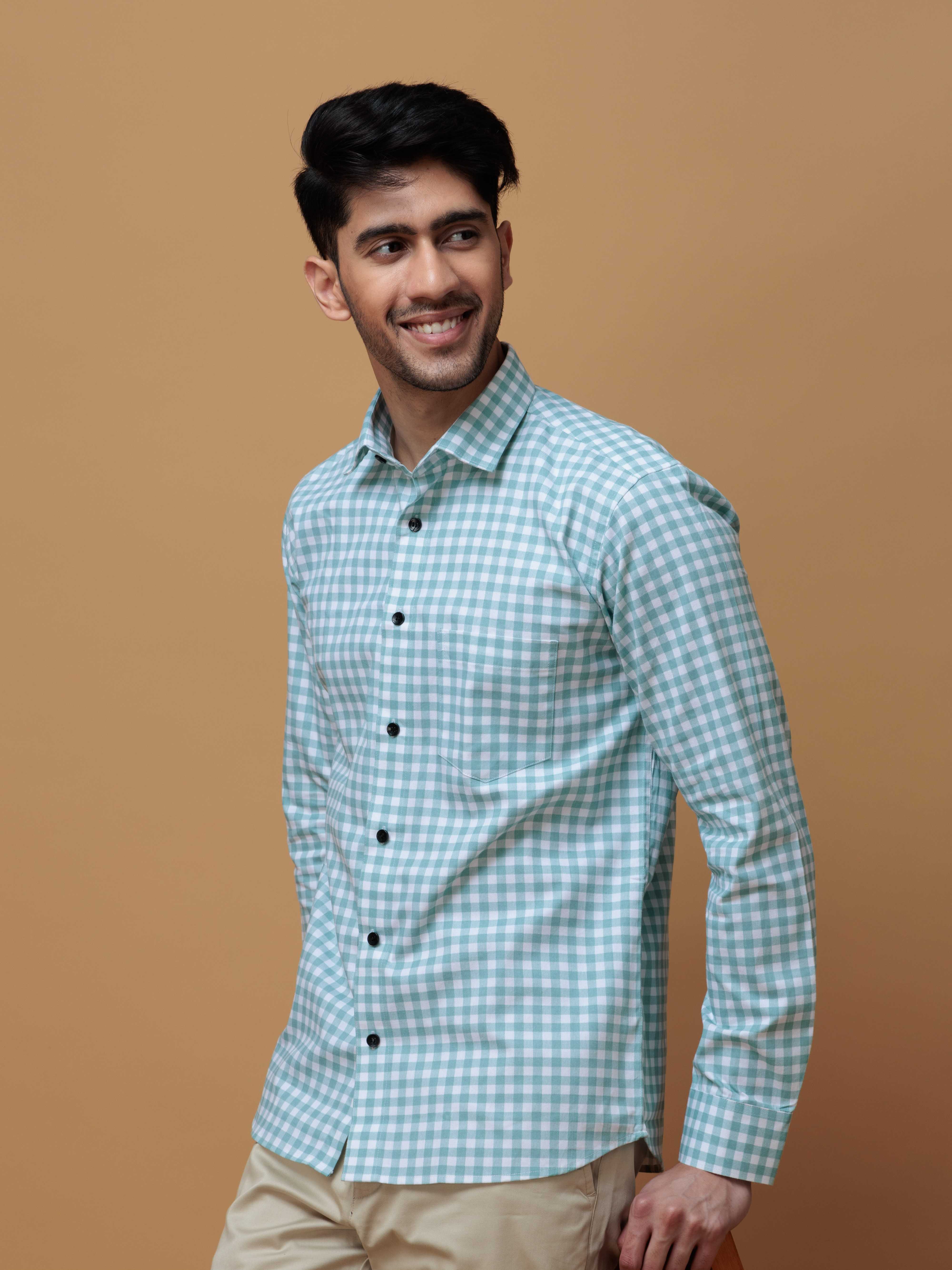 CYAN CHECKS PRINTED COTTON CASUAL SHIRT FOR MEN'S