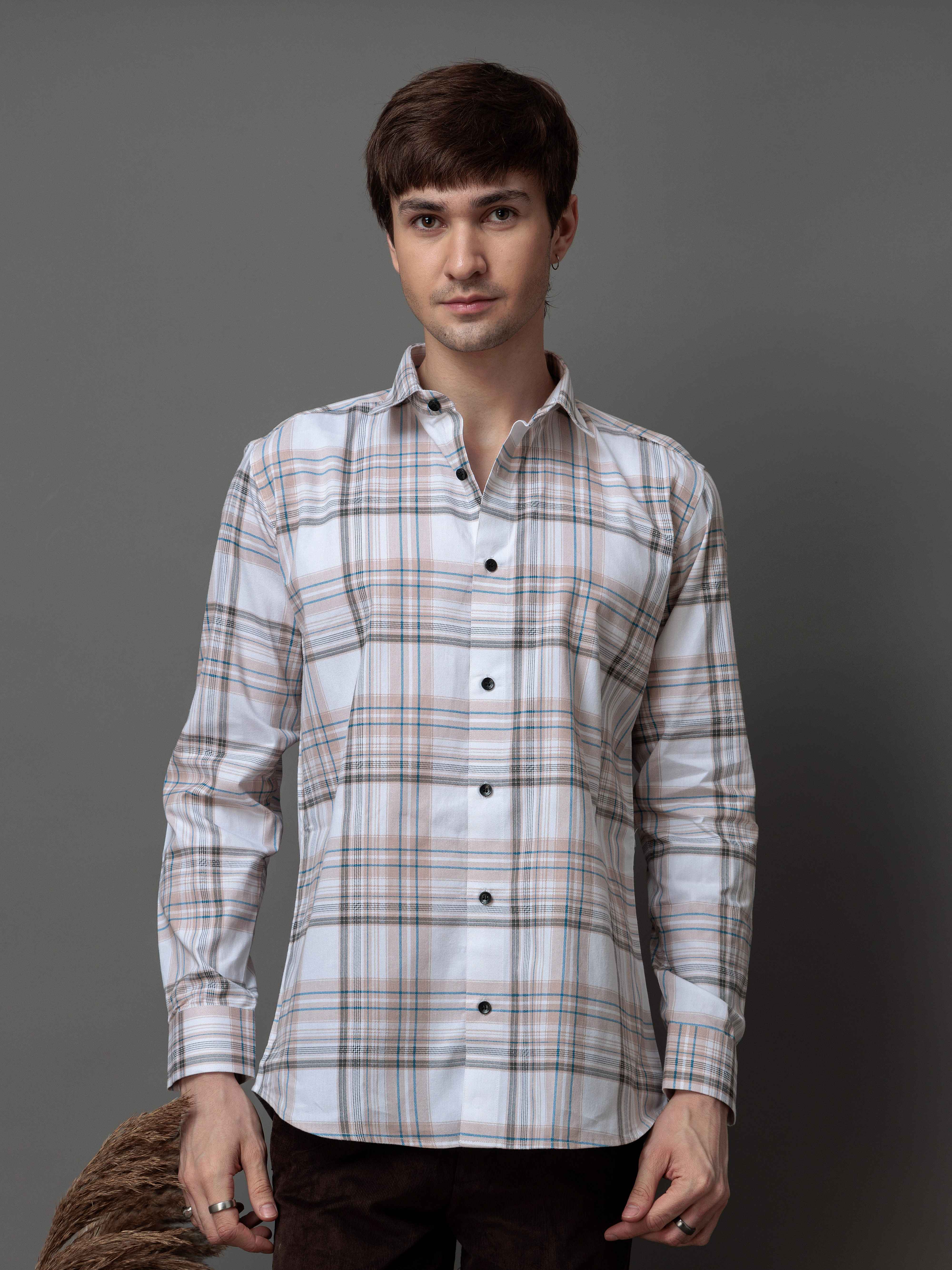 BOX BROWN CHECKED COTTON CASUAL SHIRT FOR MEN'S