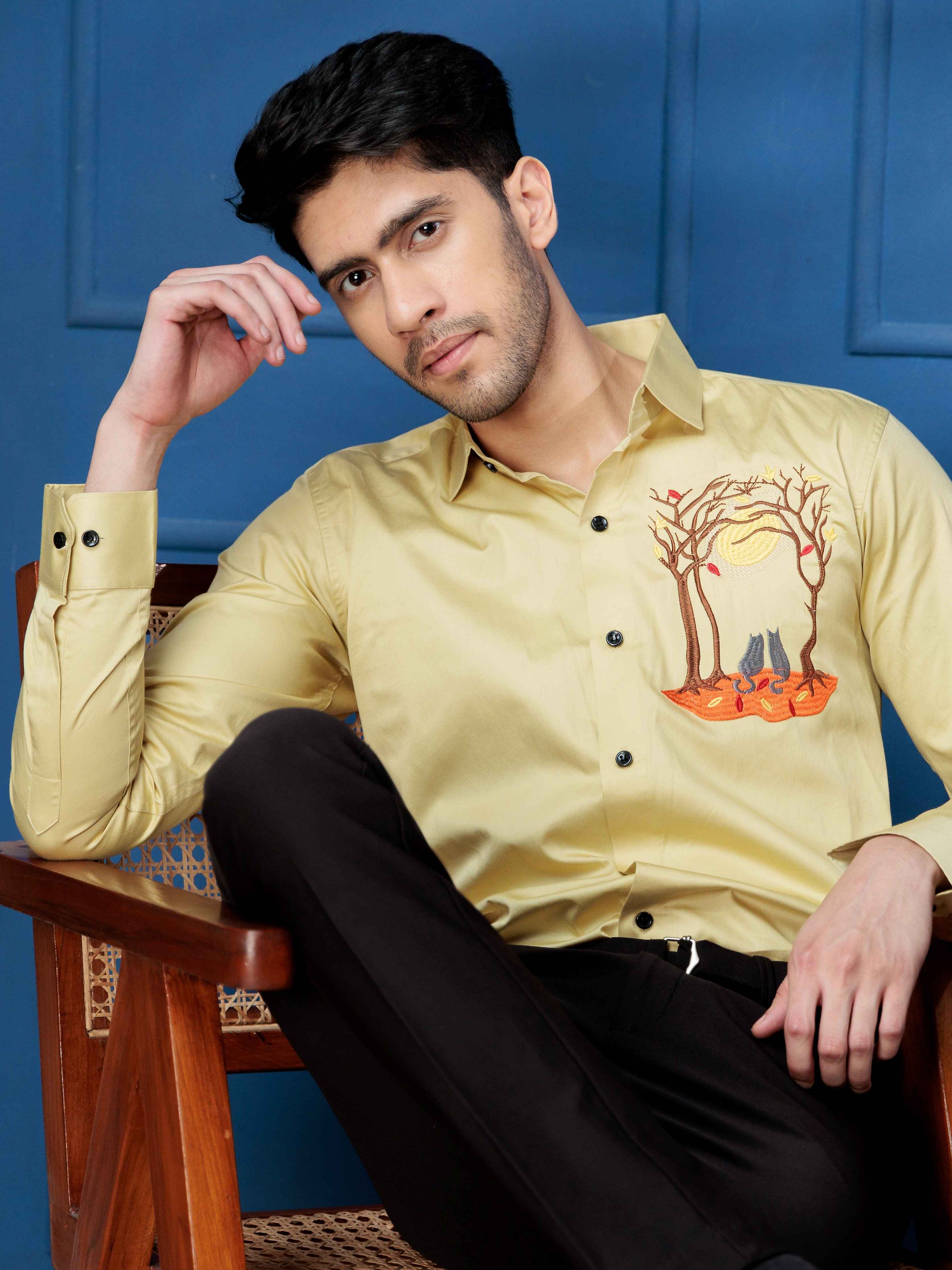 FOOMER COUPLE CAT EMBROIDERED CLUB WEAR SATIN COTTON SHIRT FOR MEN