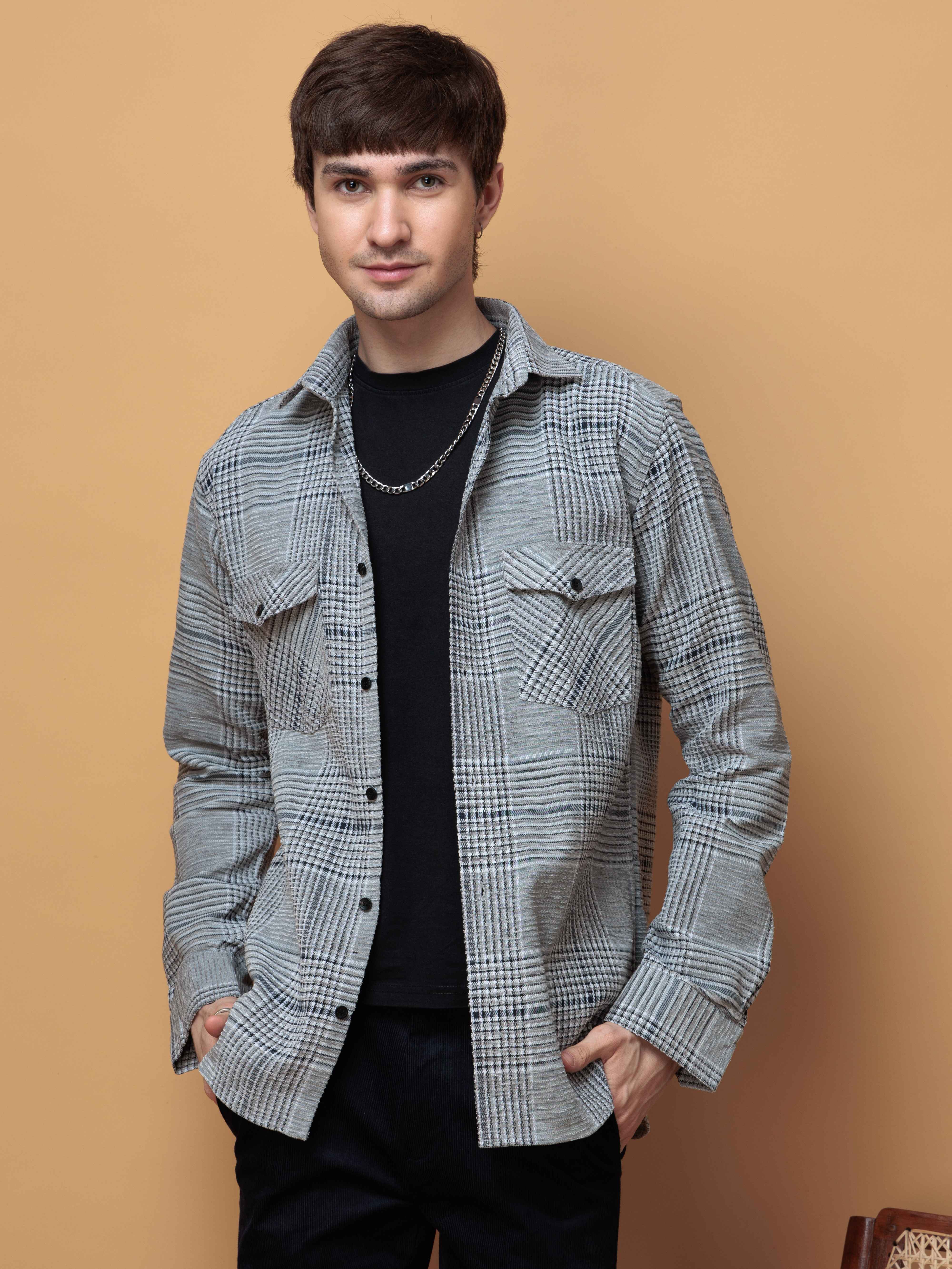 FOOMER GREY GLEN CHECKED CASUAL SHIRT FOR MEN'S