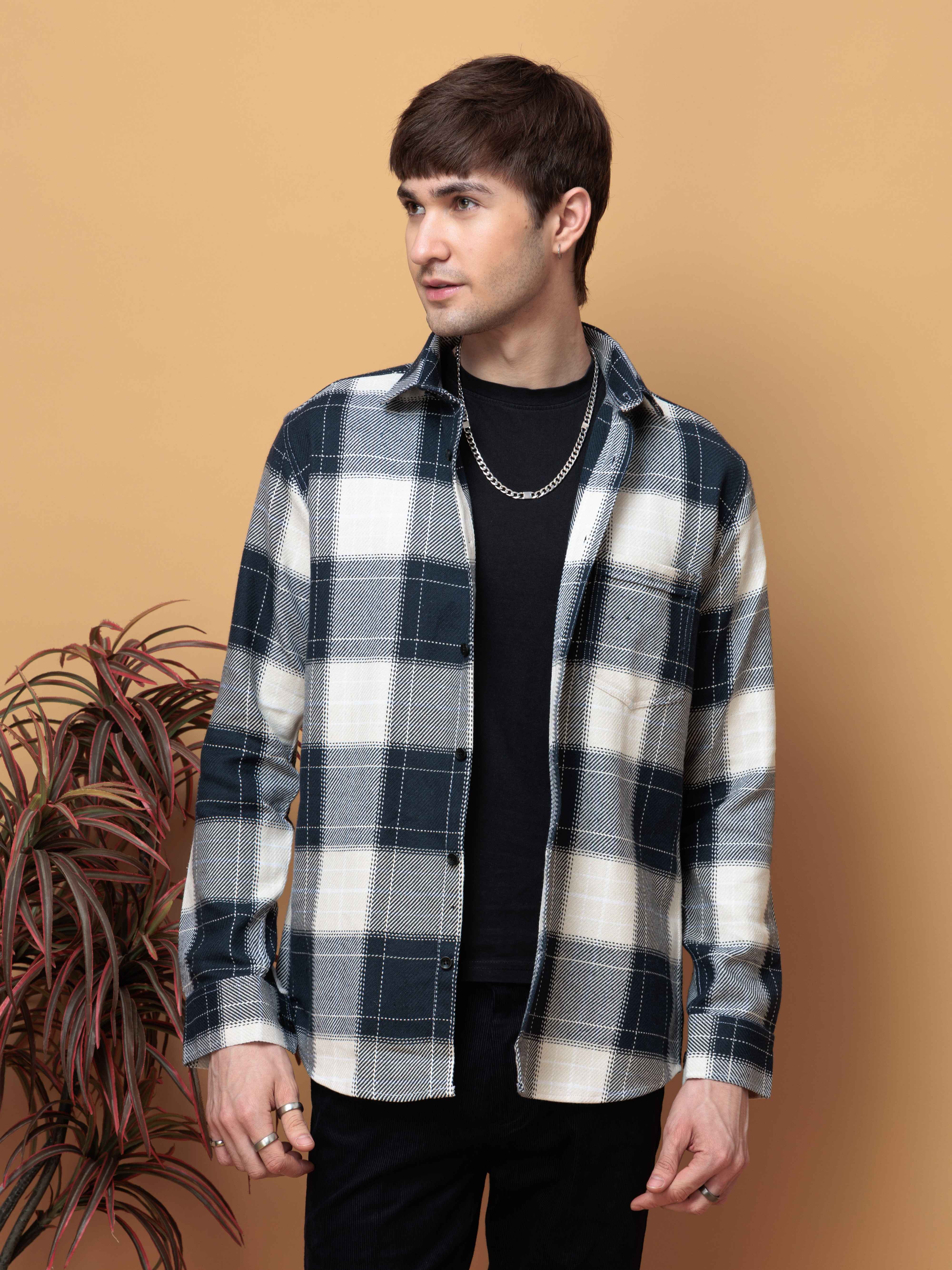 FOOMER TARTAN NAVY CHECKED COTTON CASUAL SHIRT FOR MEN'S