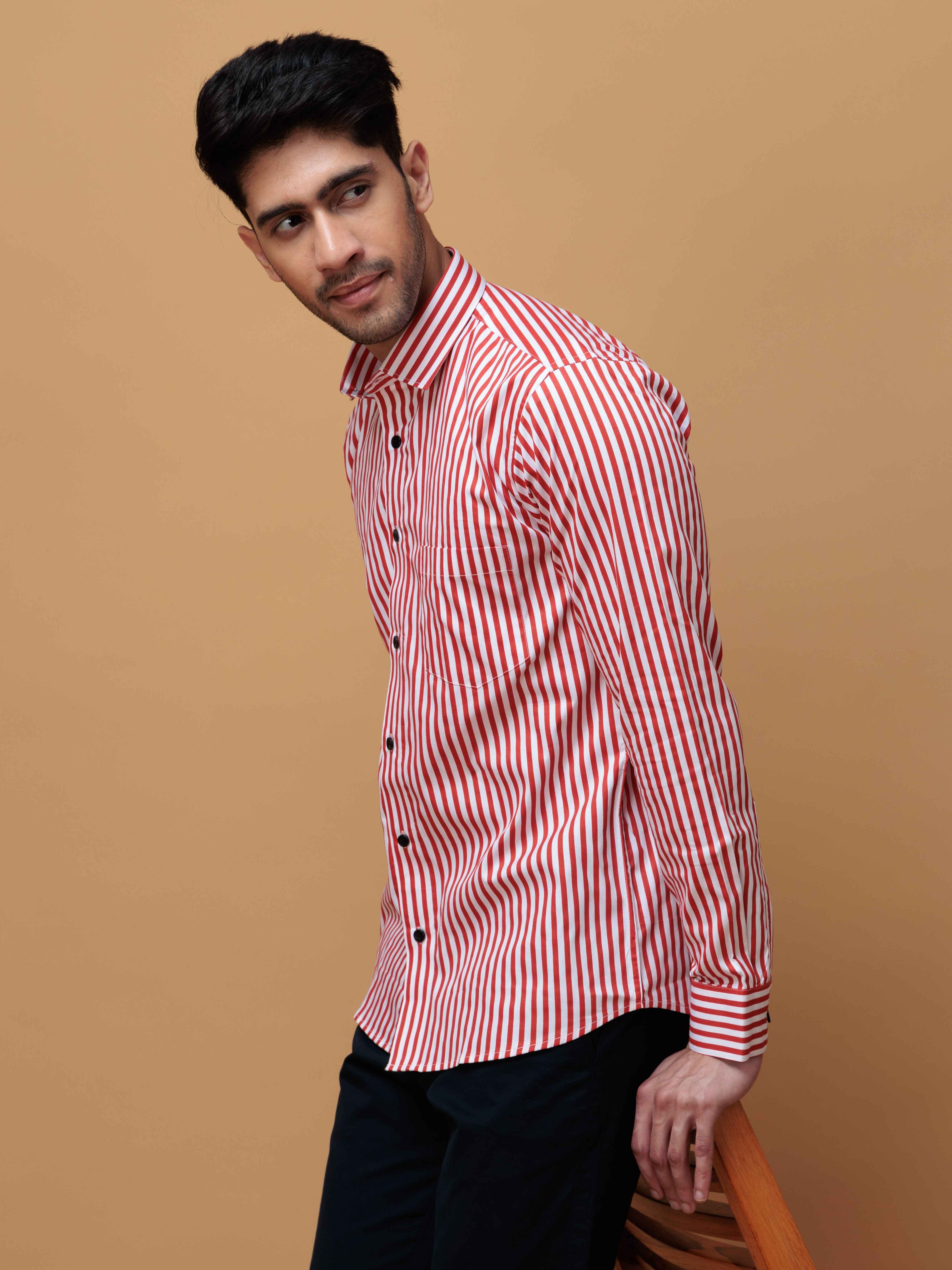 RED STRIPED COTTON REGULAR FIT MEN'S CASUAL SHIRT FOR MEN'S