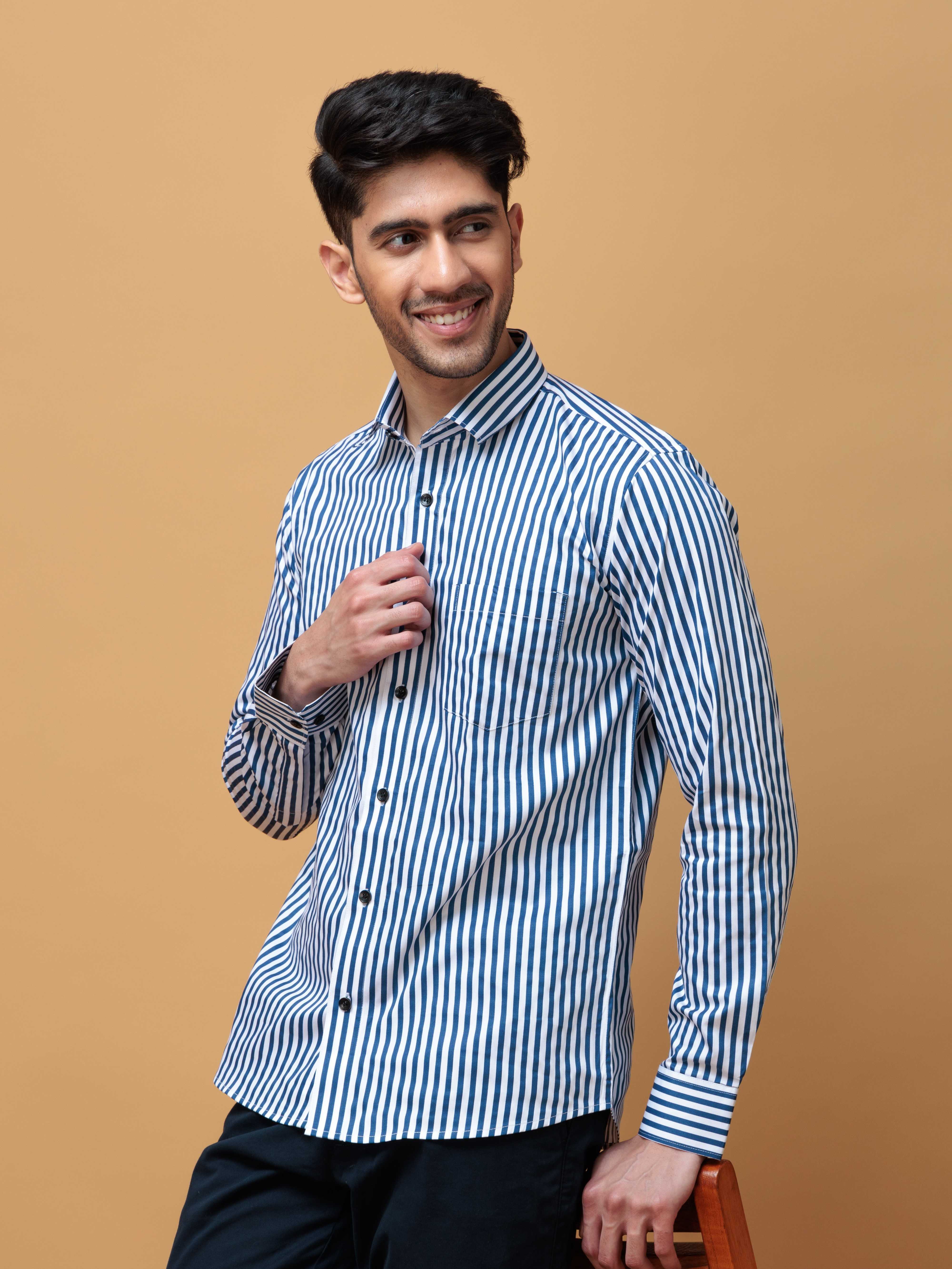 BLUE STRIPED COTTON REGULAR FIT MEN'S CASUAL SHIRT FOR MEN'S