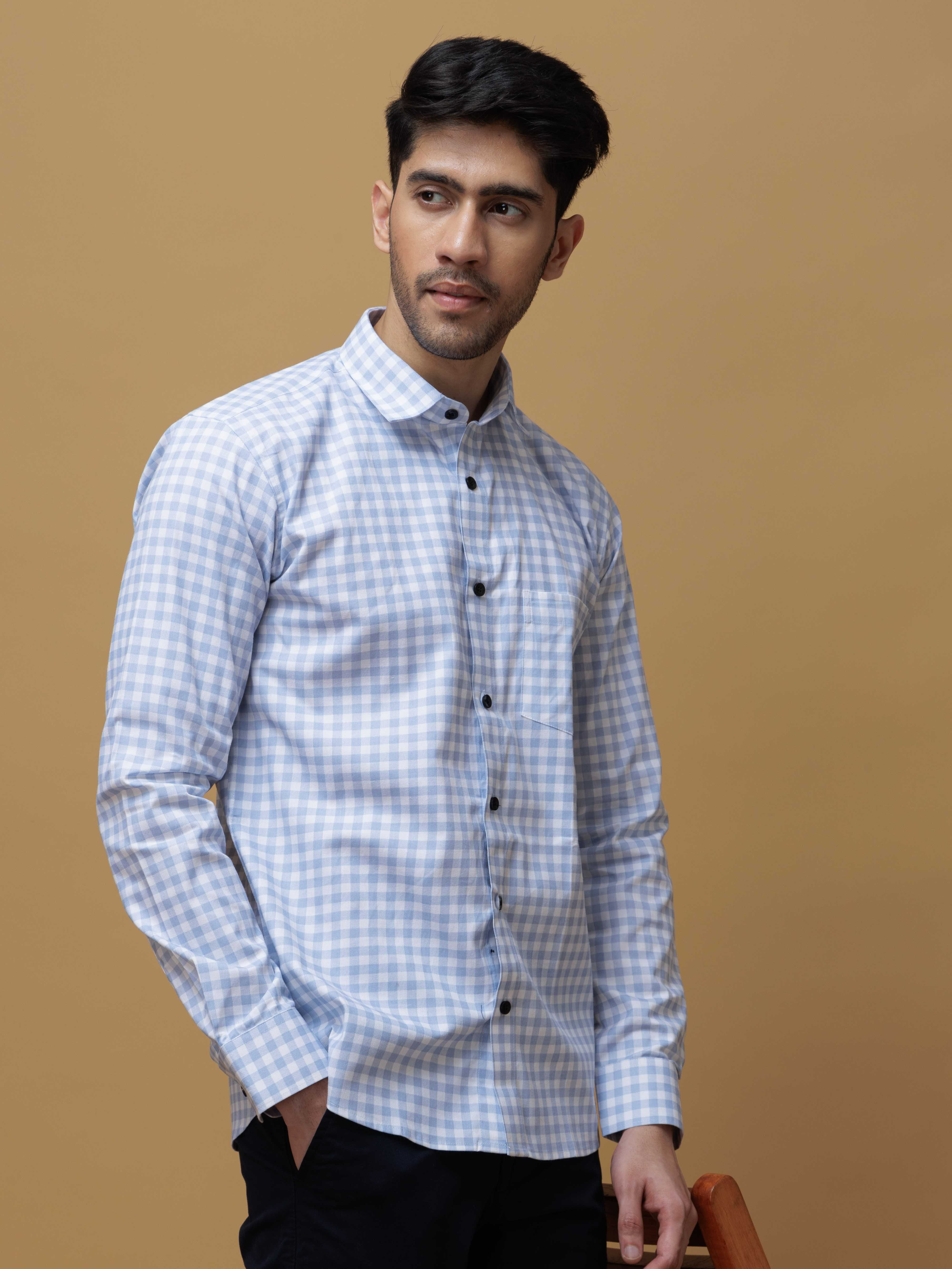 SKY CHECKERED PRINTED COTTON CASUAL SHIRT FOR MEN'S